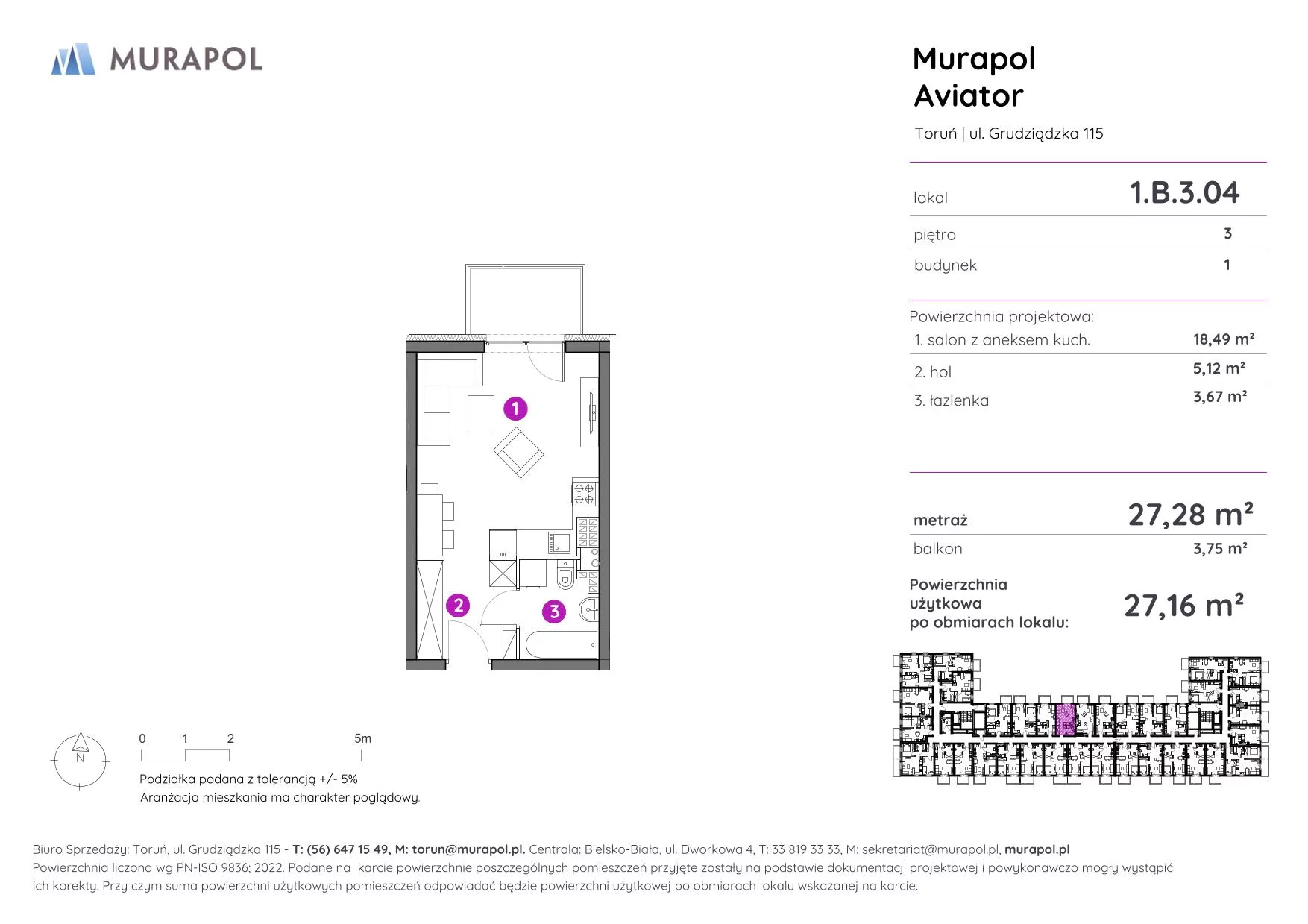 1 pokój, apartament inwestycyjny 27,16 m², piętro 3, oferta nr 1.B.3.04, Murapol Aviator, Toruń, Koniuchy, ul. Grudziądzka