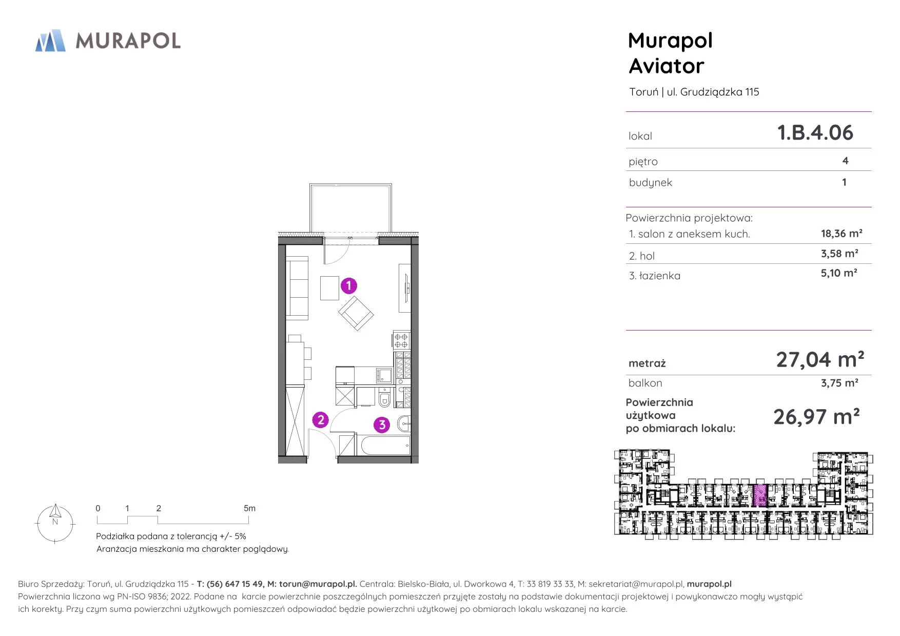 1 pokój, apartament inwestycyjny 26,97 m², piętro 4, oferta nr 1.B.4.06, Murapol Aviator, Toruń, Koniuchy, ul. Grudziądzka