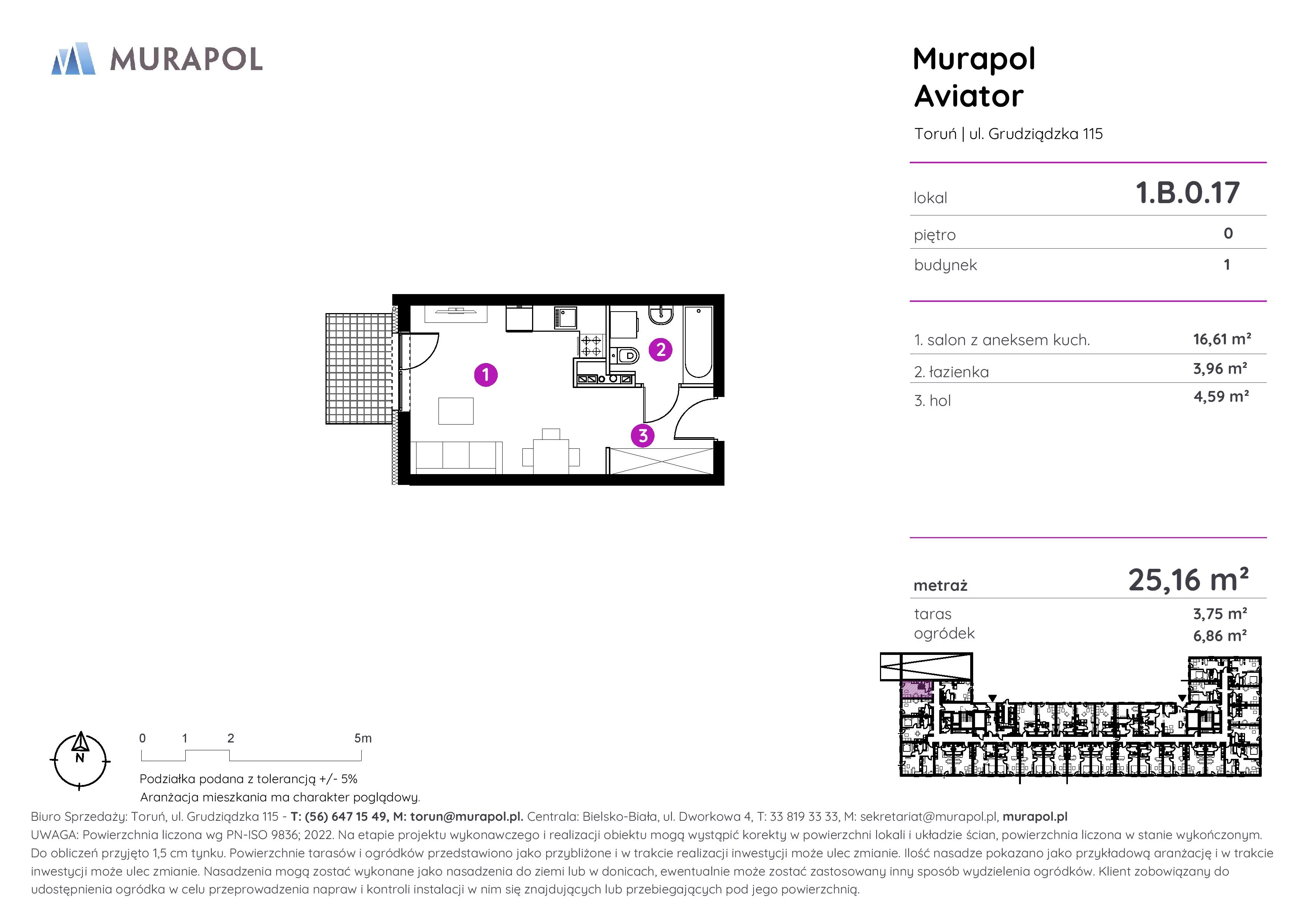 1 pokój, apartament inwestycyjny 25,16 m², parter, oferta nr 1.B.0.17, Murapol Aviator, Toruń, Koniuchy, ul. Grudziądzka