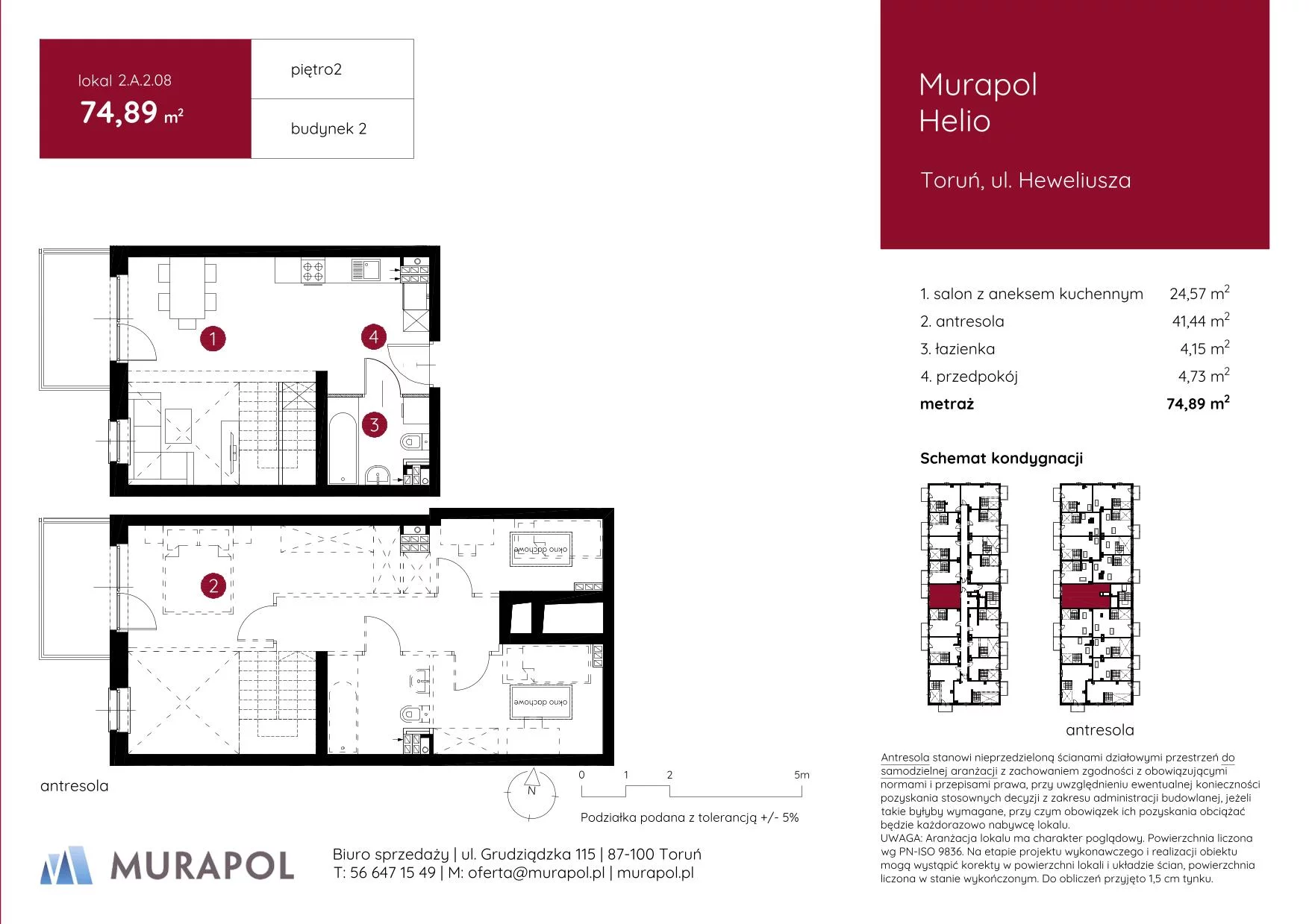 1 pokój, mieszkanie 74,89 m², piętro 2, oferta nr 2.A.2.08, Murapol Helio, Toruń, Wrzosy, JAR, ul. Heweliusza