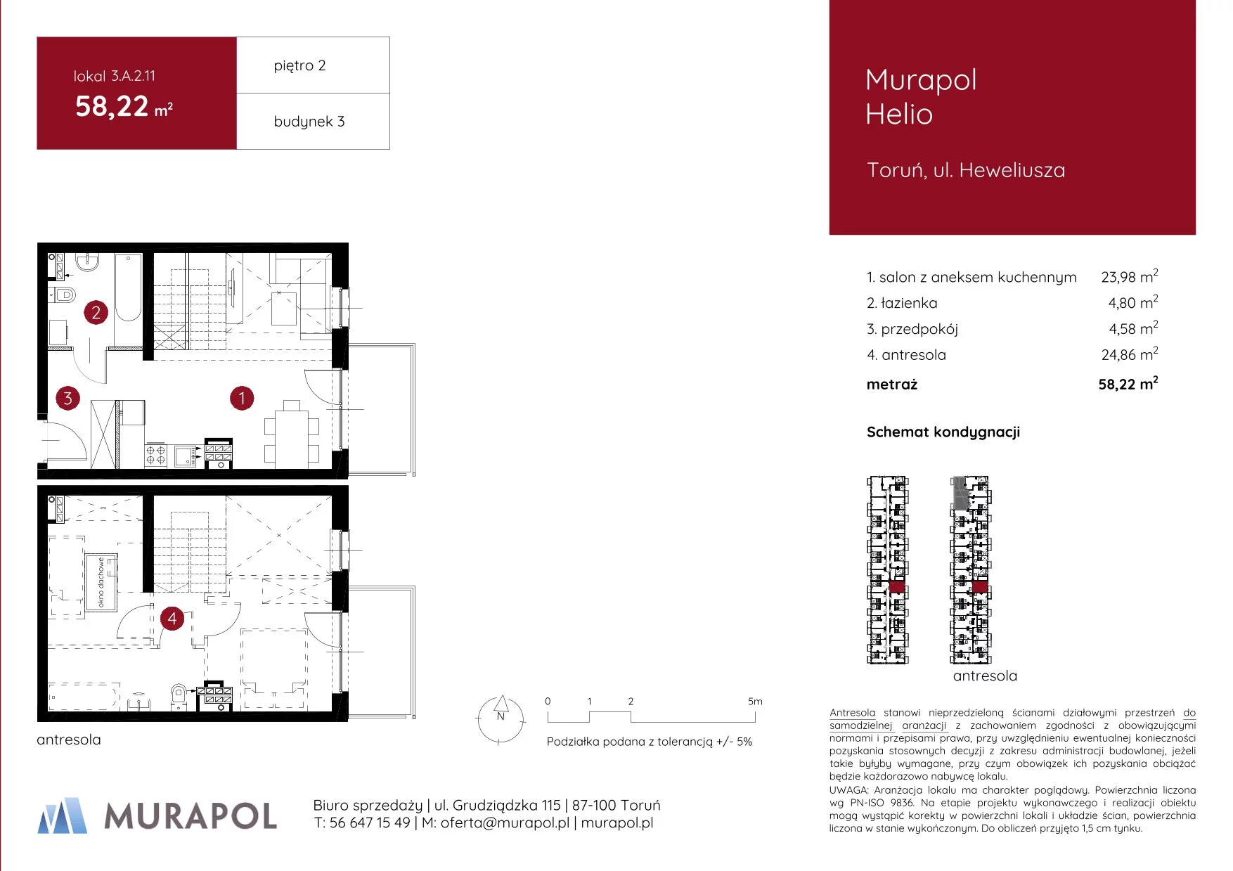 Mieszkanie 58,22 m², piętro 2, oferta nr 3.A.2.11, Murapol Helio, Toruń, Wrzosy, JAR, ul. Heweliusza