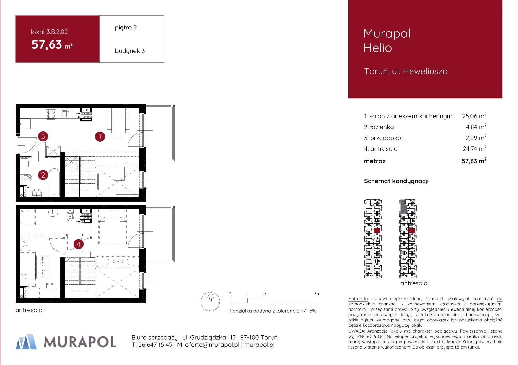 Mieszkanie 57,63 m², piętro 2, oferta nr 3.B.2.02, Murapol Helio, Toruń, Wrzosy, JAR, ul. Heweliusza