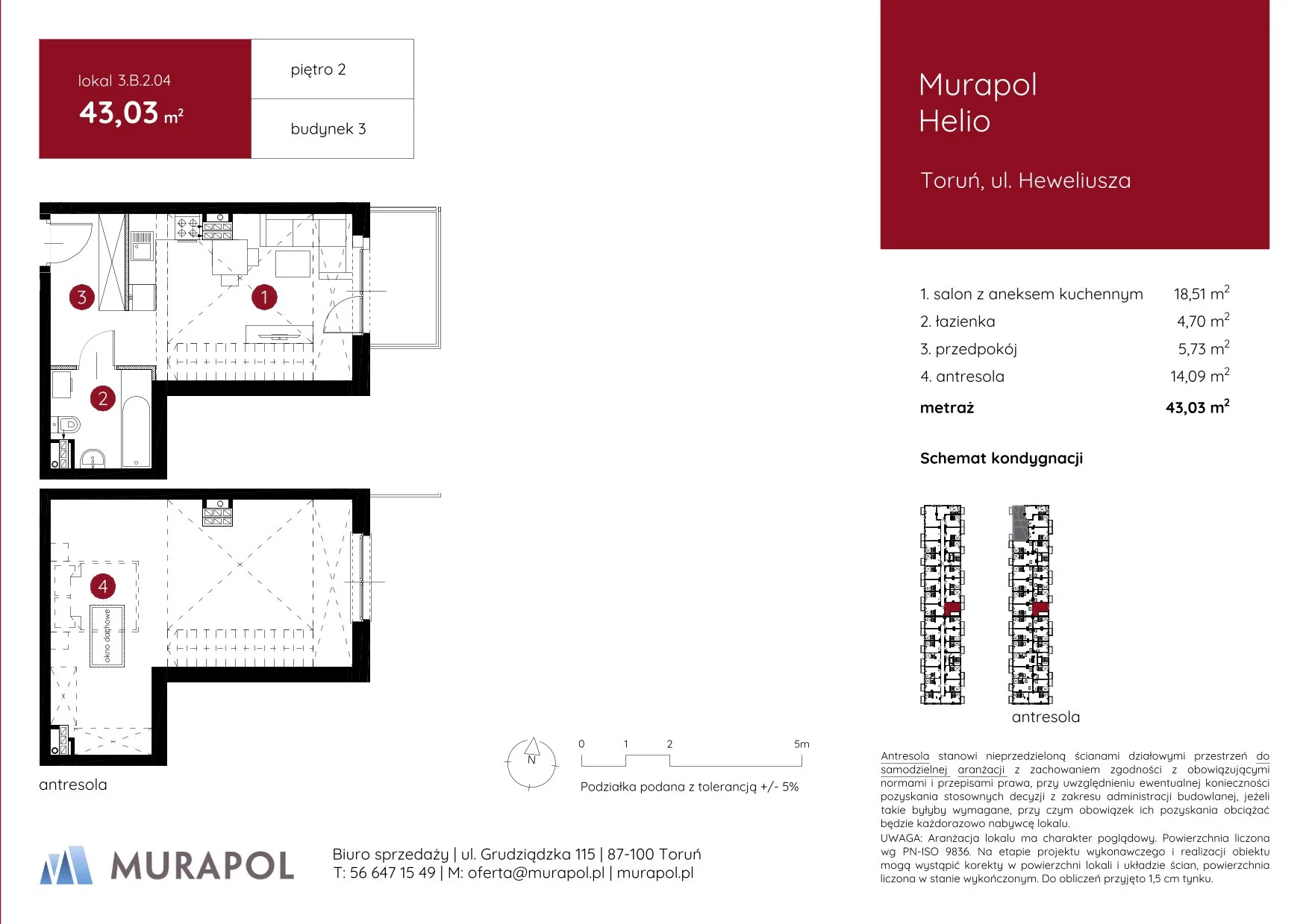 Mieszkanie 43,03 m², piętro 2, oferta nr 3.B.2.04, Murapol Helio, Toruń, Wrzosy, JAR, ul. Heweliusza