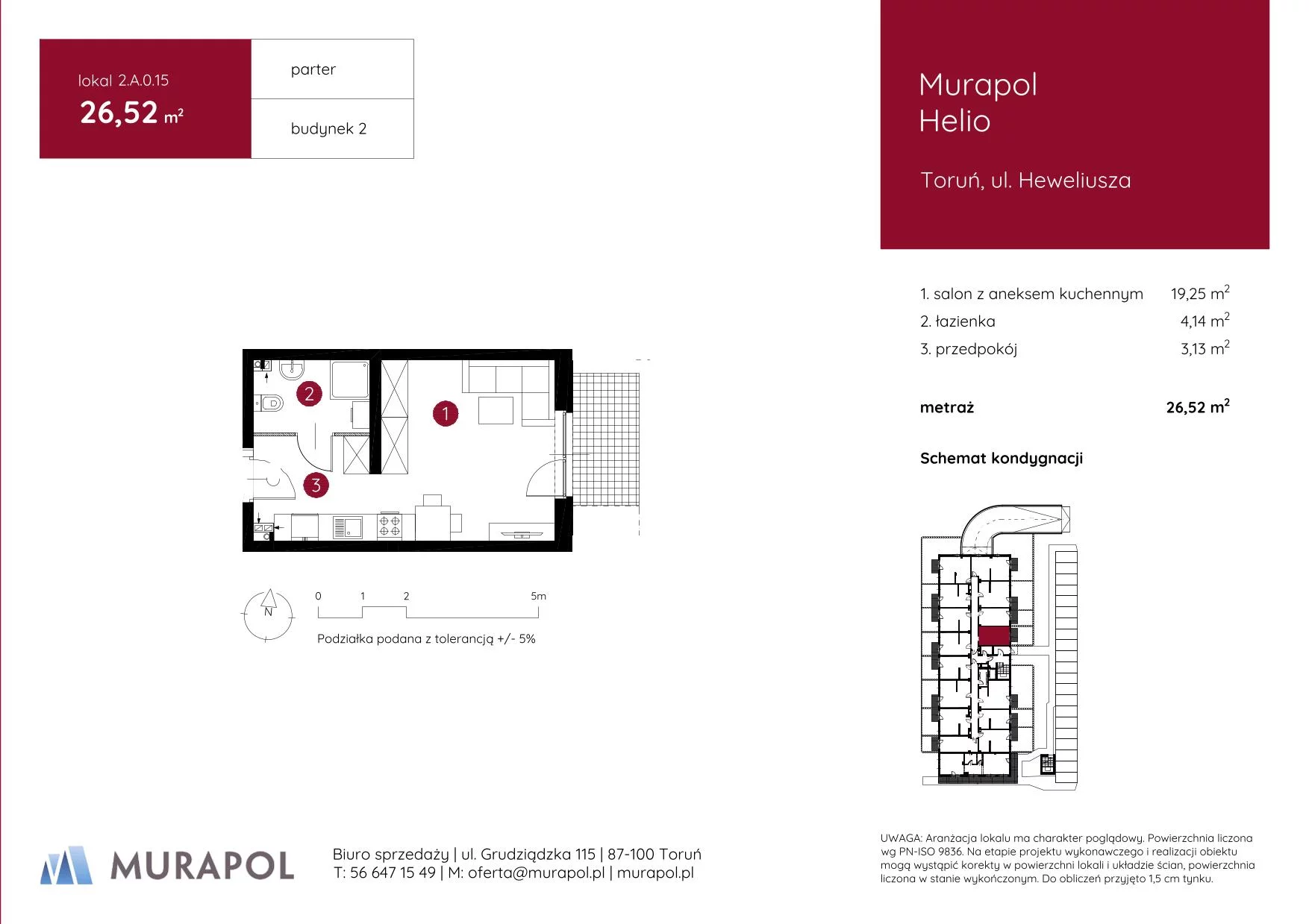 1 pokój, mieszkanie 26,52 m², parter, oferta nr 2.A.0.15, Murapol Helio, Toruń, Wrzosy, JAR, ul. Heweliusza
