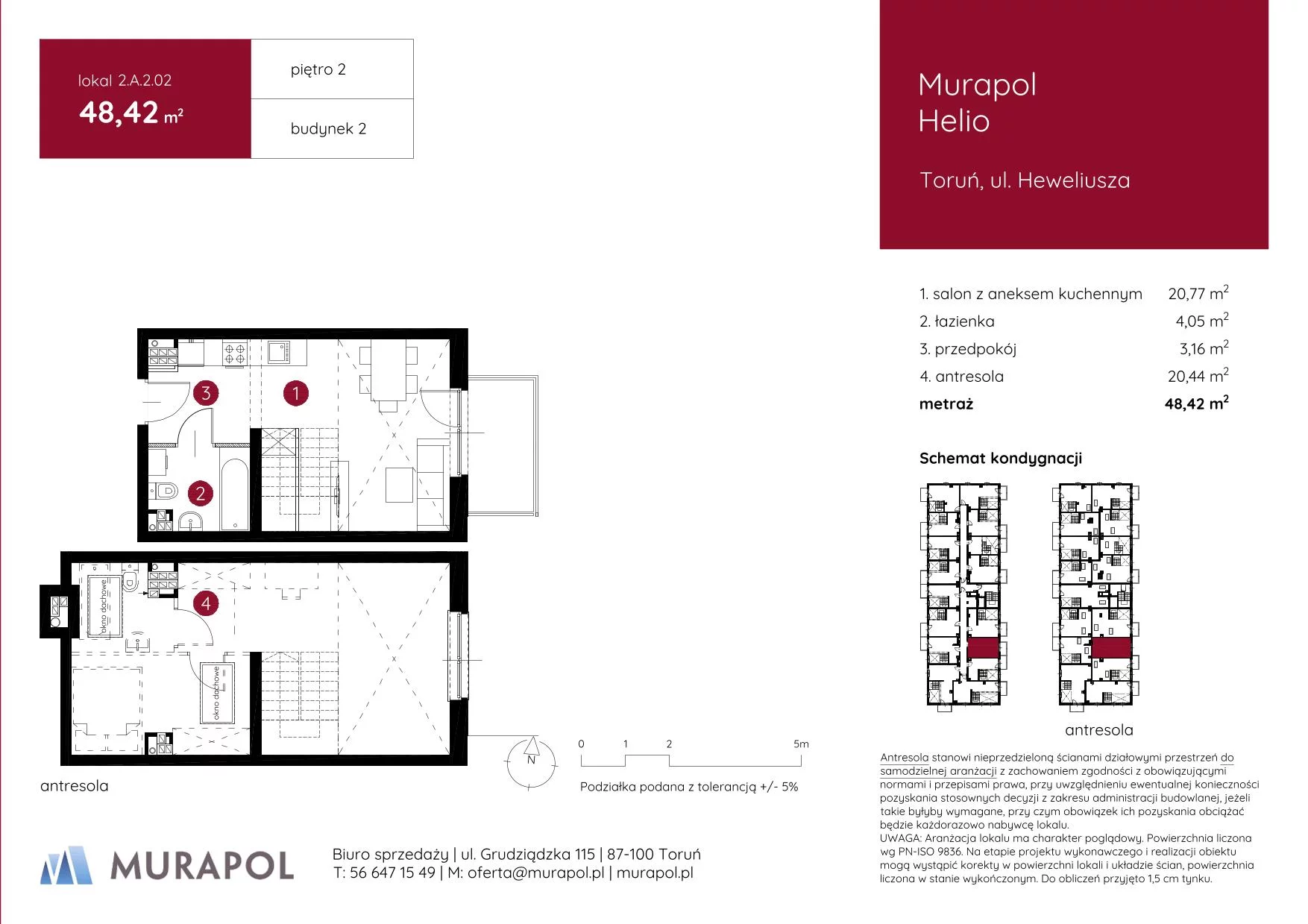 1 pokój, mieszkanie 48,42 m², piętro 2, oferta nr 2.A.2.02, Murapol Helio, Toruń, Wrzosy, JAR, ul. Heweliusza
