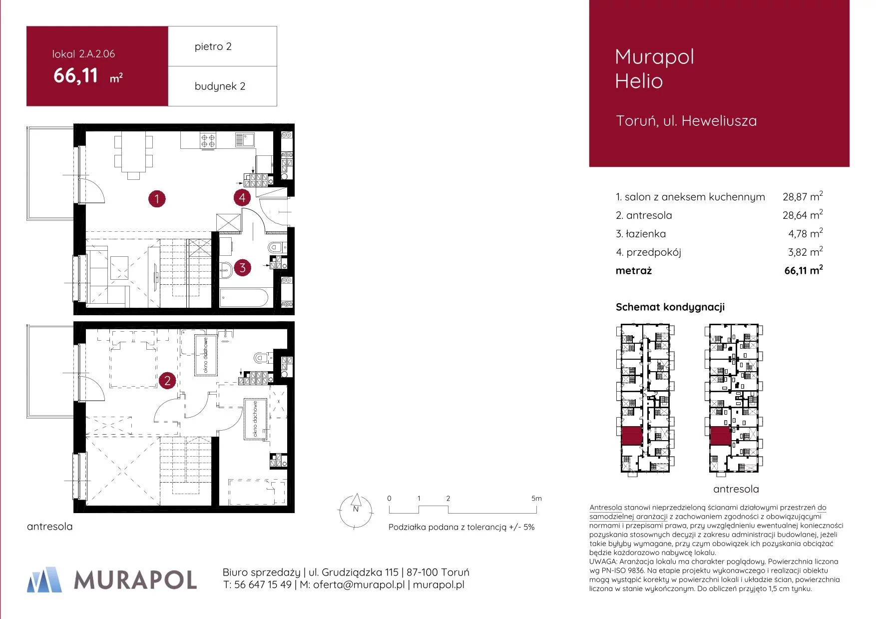 1 pokój, mieszkanie 66,11 m², piętro 2, oferta nr 2.A.2.06, Murapol Helio, Toruń, Wrzosy, JAR, ul. Heweliusza