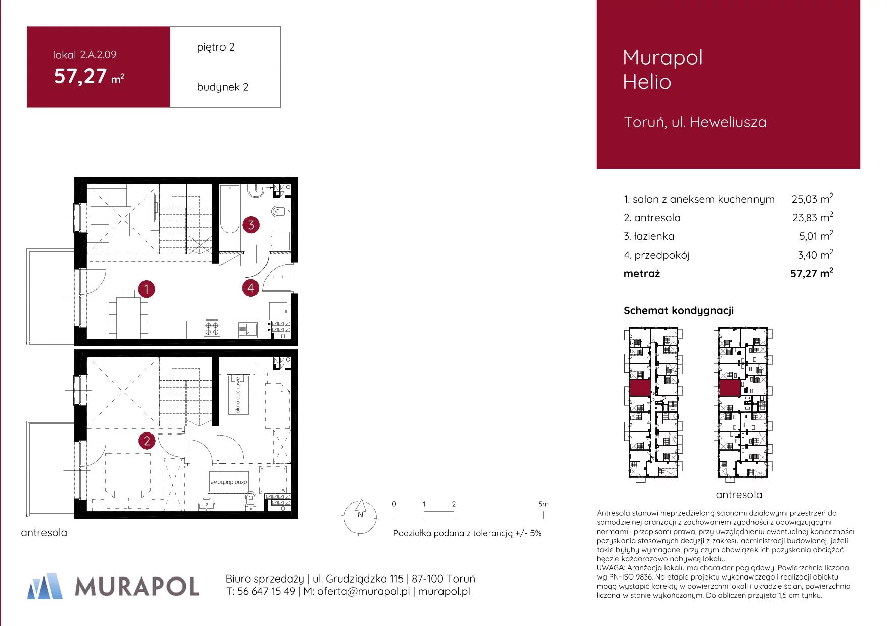 1 pokój, mieszkanie 57,27 m², piętro 2, oferta nr 2.A.2.09, Murapol Helio, Toruń, Wrzosy, JAR, ul. Heweliusza