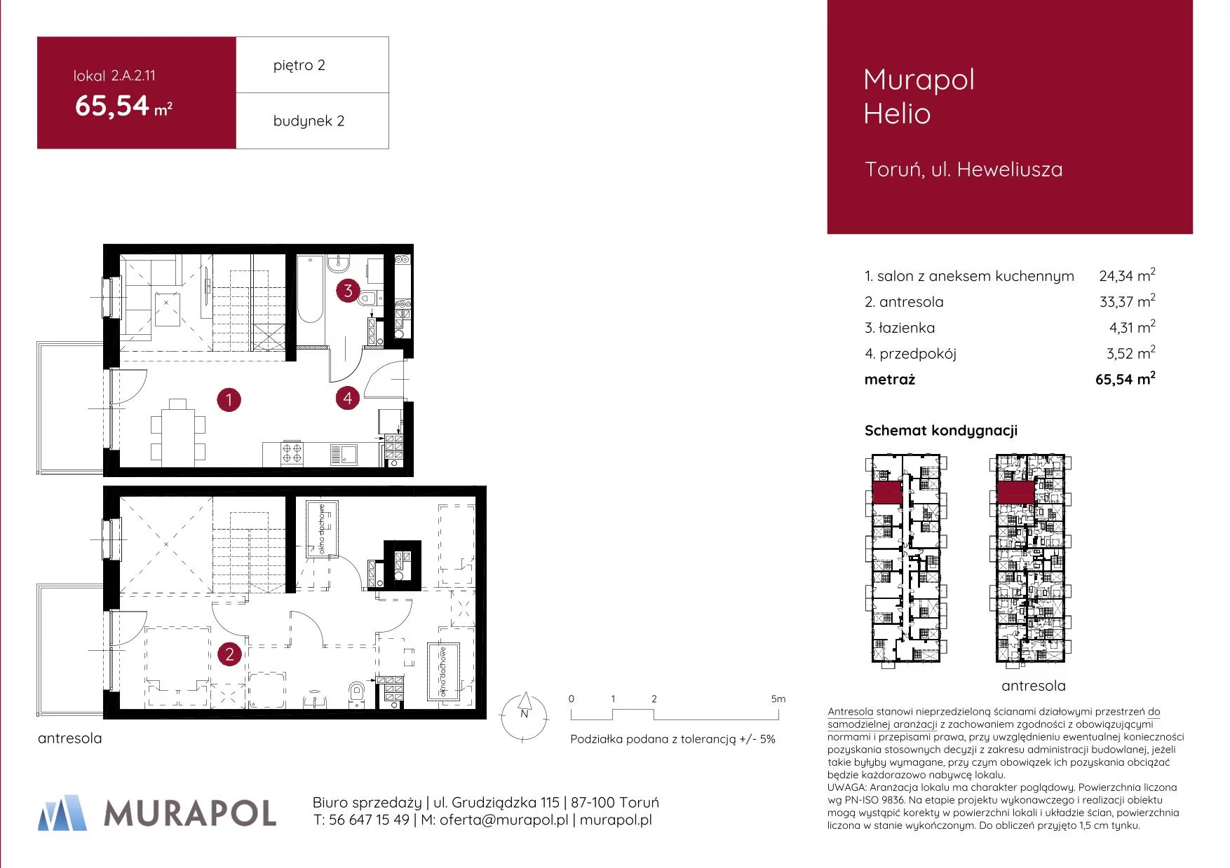 1 pokój, mieszkanie 65,54 m², piętro 2, oferta nr 2.A.2.11, Murapol Helio, Toruń, Wrzosy, JAR, ul. Heweliusza