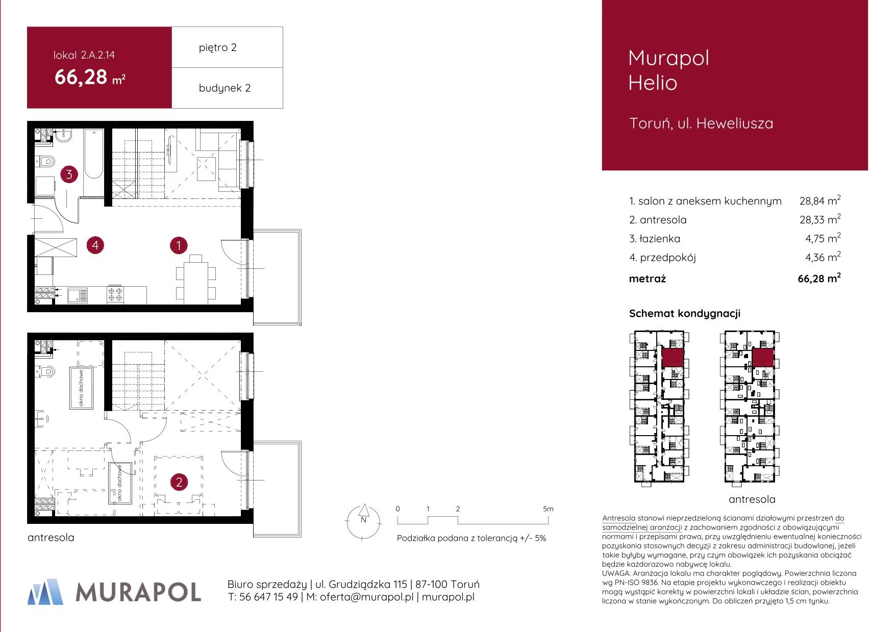 1 pokój, mieszkanie 66,28 m², piętro 2, oferta nr 2.A.2.14, Murapol Helio, Toruń, Wrzosy, JAR, ul. Heweliusza