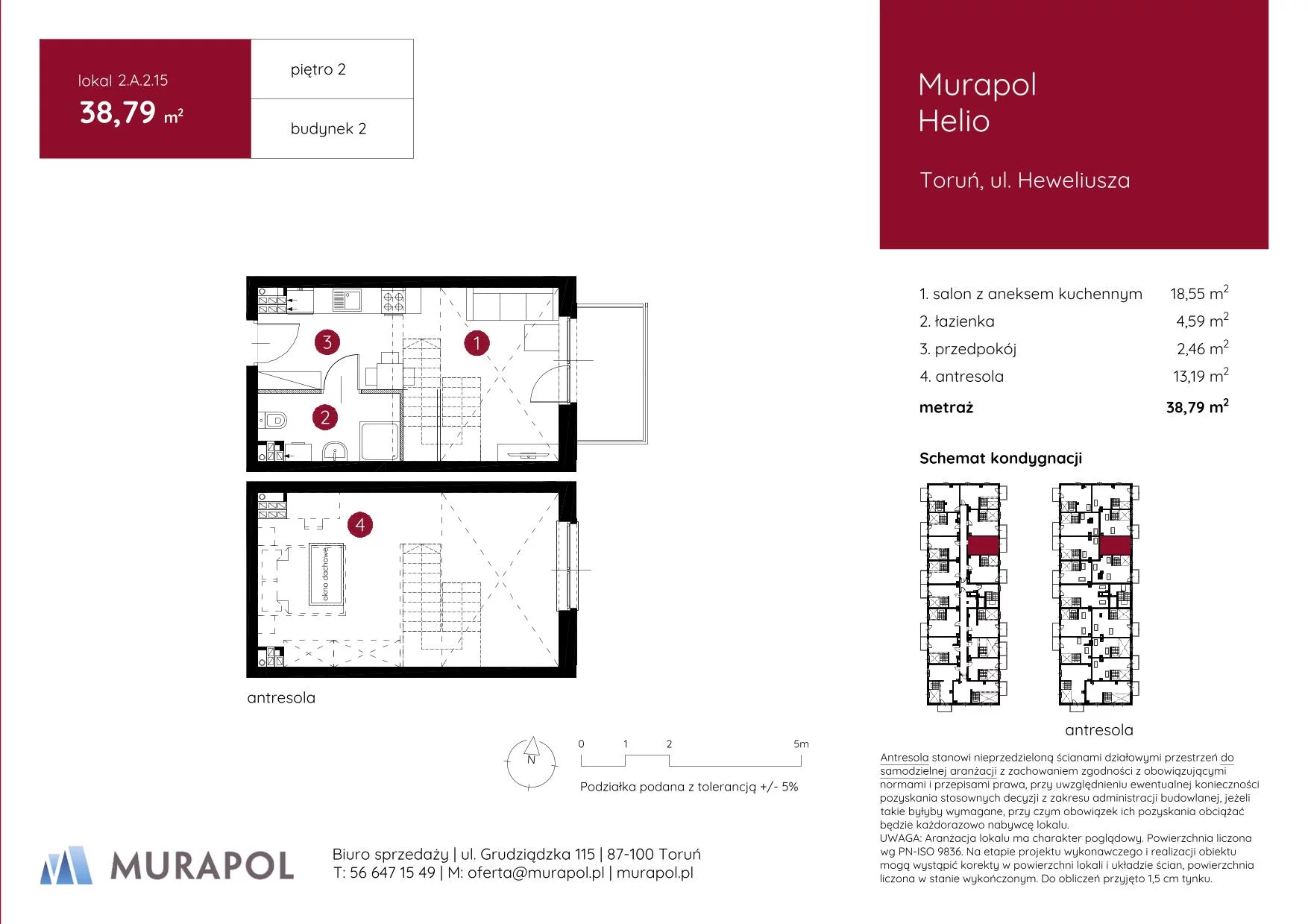 1 pokój, mieszkanie 38,79 m², piętro 2, oferta nr 2.A.2.15, Murapol Helio, Toruń, Wrzosy, JAR, ul. Heweliusza