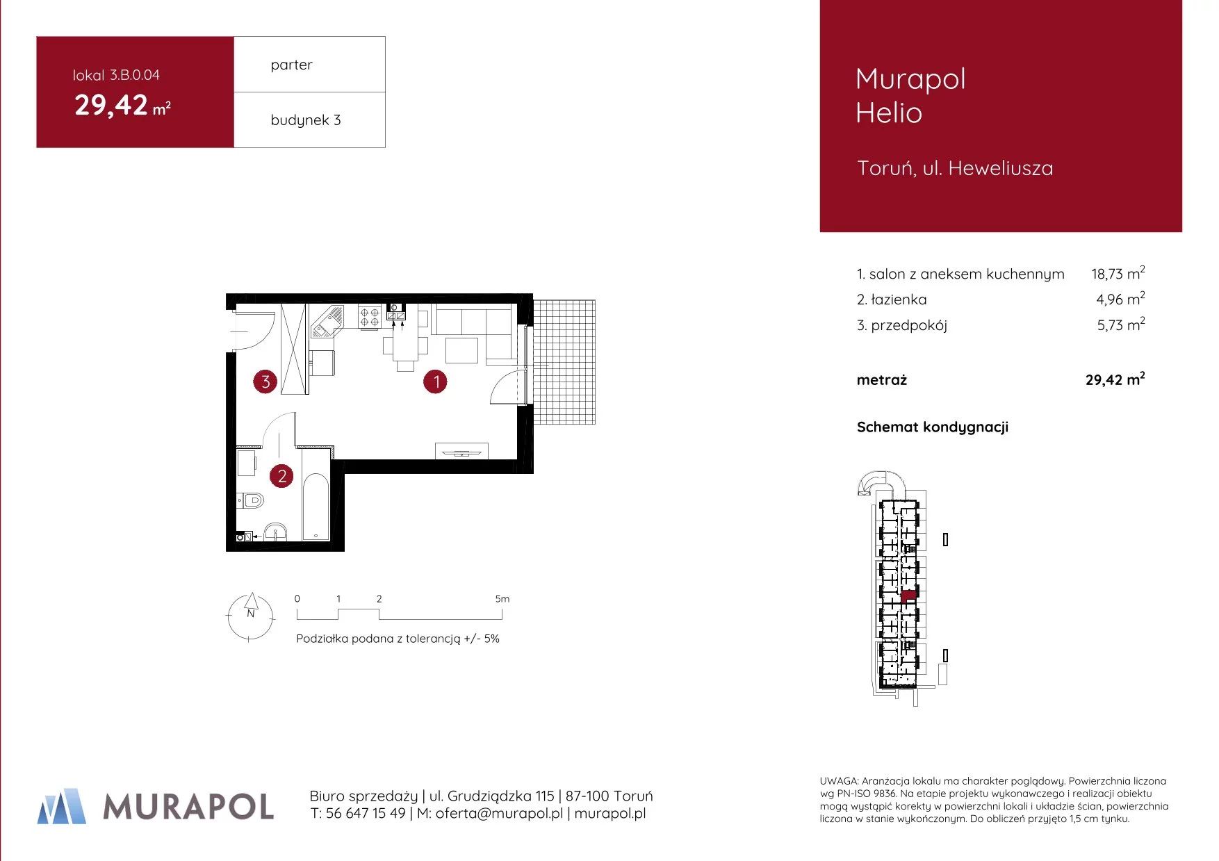 1 pokój, mieszkanie 29,42 m², parter, oferta nr 3.B.0.04, Murapol Helio, Toruń, Wrzosy, JAR, ul. Heweliusza