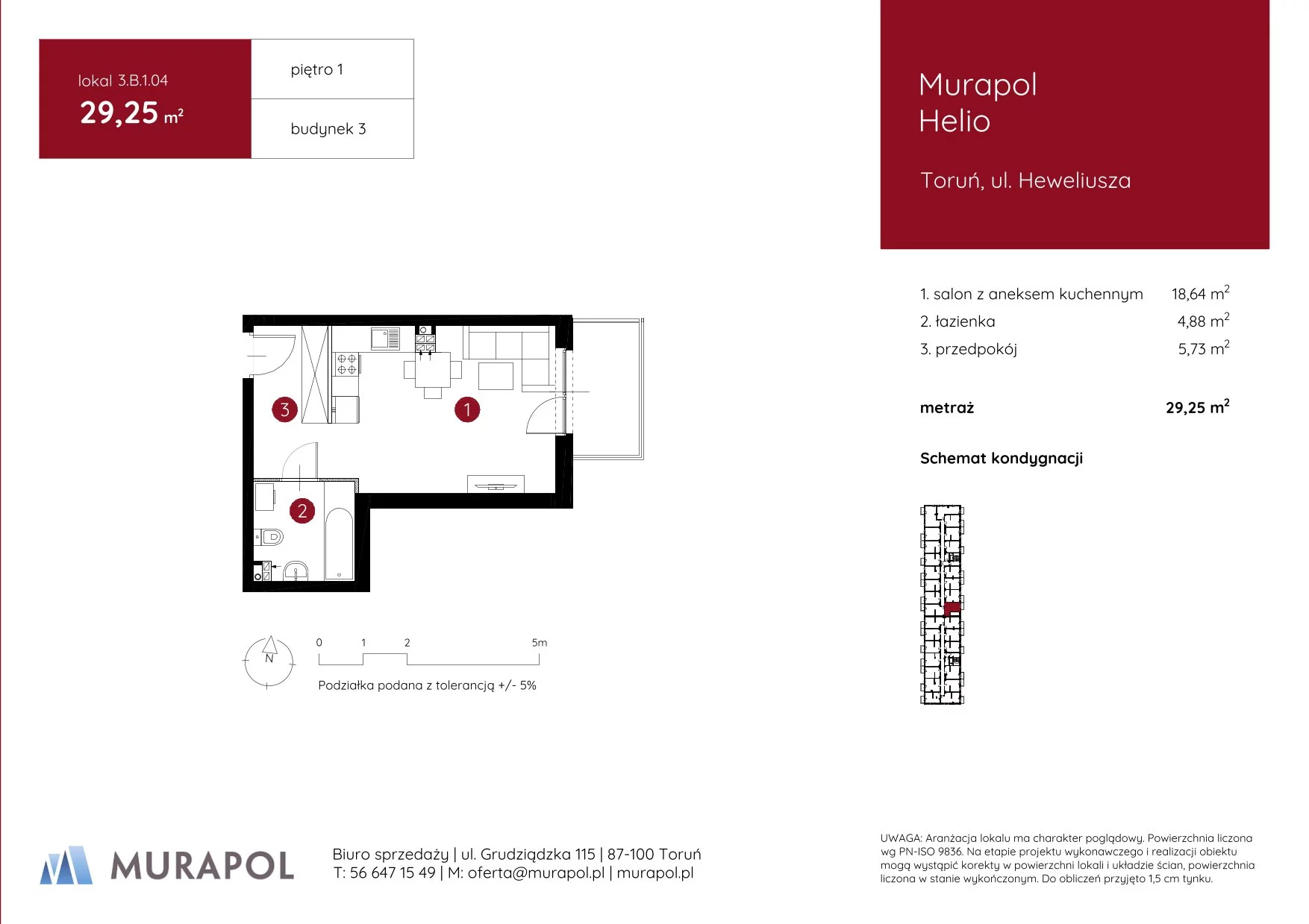 1 pokój, mieszkanie 29,25 m², piętro 1, oferta nr 3.B.1.04, Murapol Helio, Toruń, Wrzosy, JAR, ul. Heweliusza