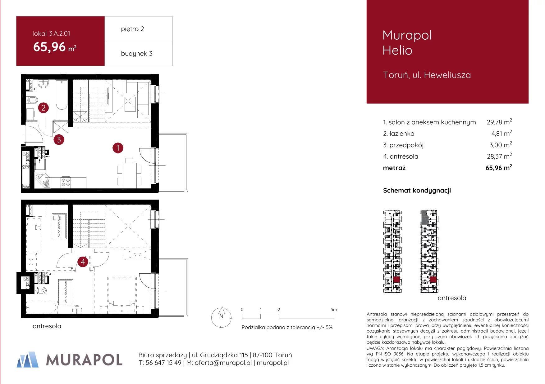 1 pokój, mieszkanie 65,96 m², piętro 2, oferta nr 3.A.2.01, Murapol Helio, Toruń, Wrzosy, JAR, ul. Heweliusza