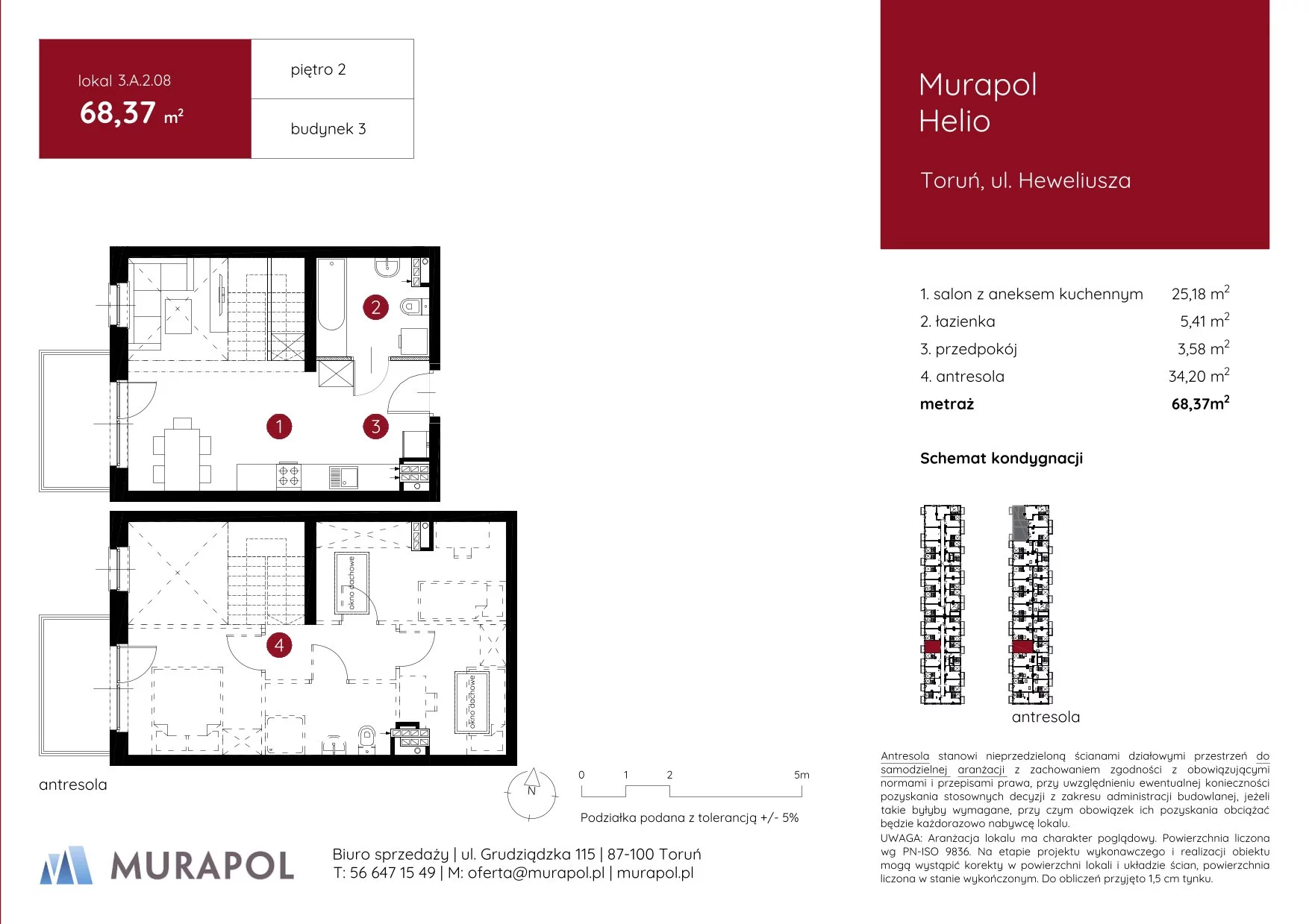 1 pokój, mieszkanie 68,37 m², piętro 2, oferta nr 3.A.2.08, Murapol Helio, Toruń, Wrzosy, JAR, ul. Heweliusza