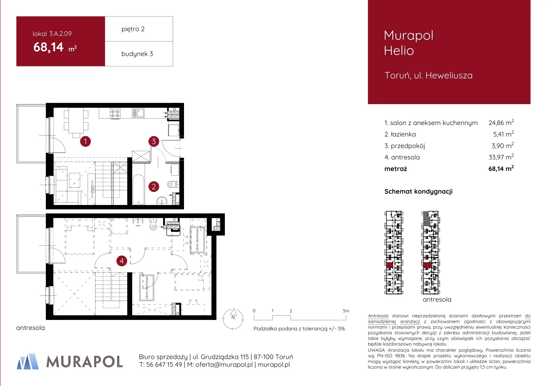 1 pokój, mieszkanie 68,14 m², piętro 2, oferta nr 3.A.2.09, Murapol Helio, Toruń, Wrzosy, JAR, ul. Heweliusza
