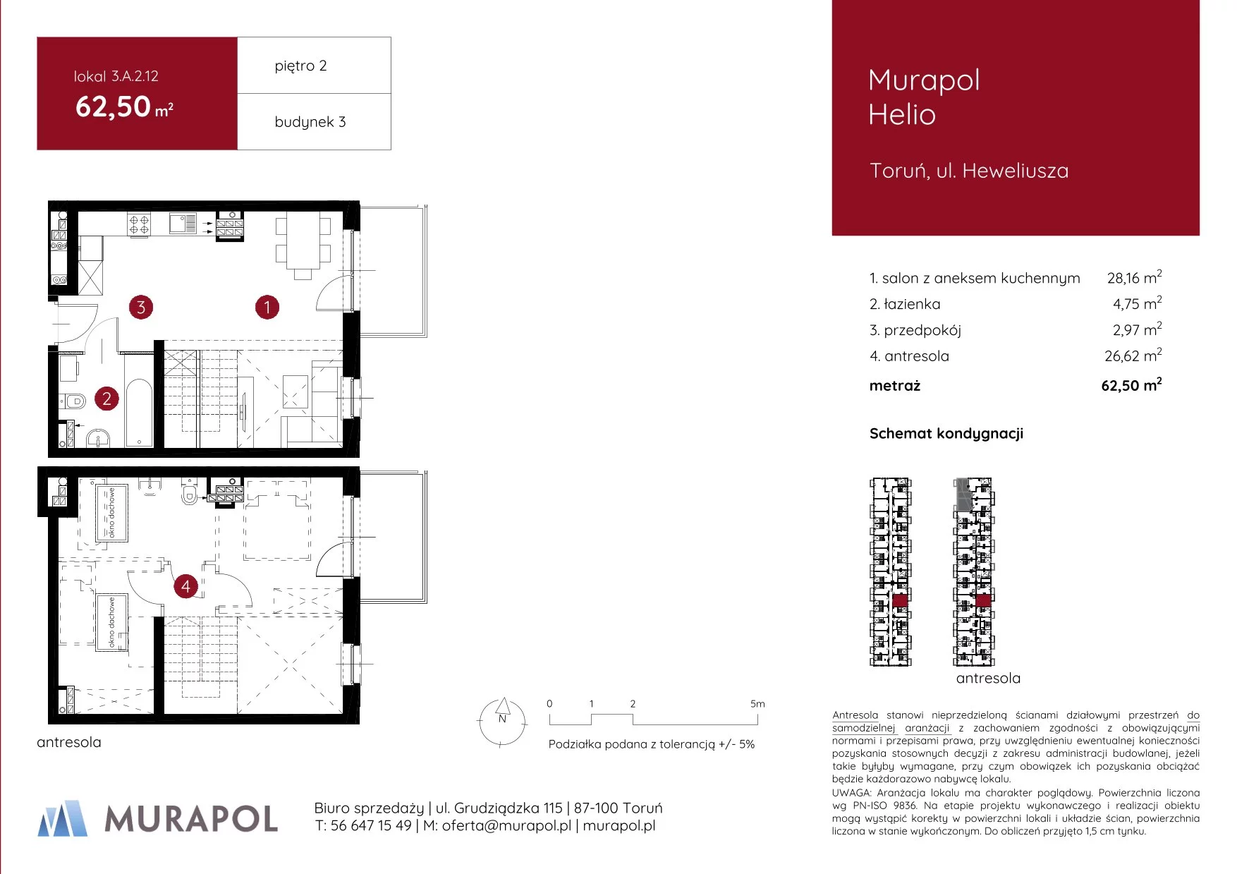 1 pokój, mieszkanie 62,50 m², piętro 2, oferta nr 3.A.2.12, Murapol Helio, Toruń, Wrzosy, JAR, ul. Heweliusza