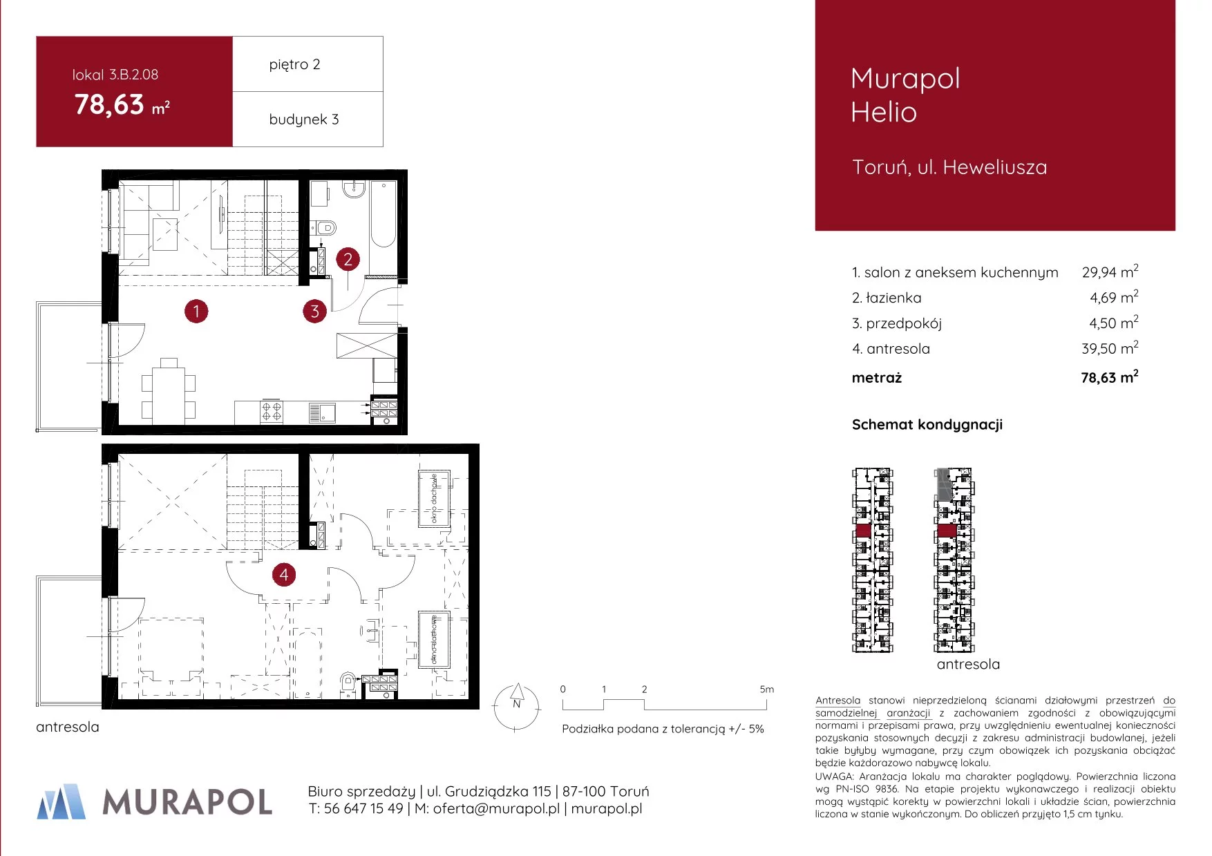 1 pokój, mieszkanie 78,63 m², piętro 2, oferta nr 3.B.2.08, Murapol Helio, Toruń, Wrzosy, JAR, ul. Heweliusza