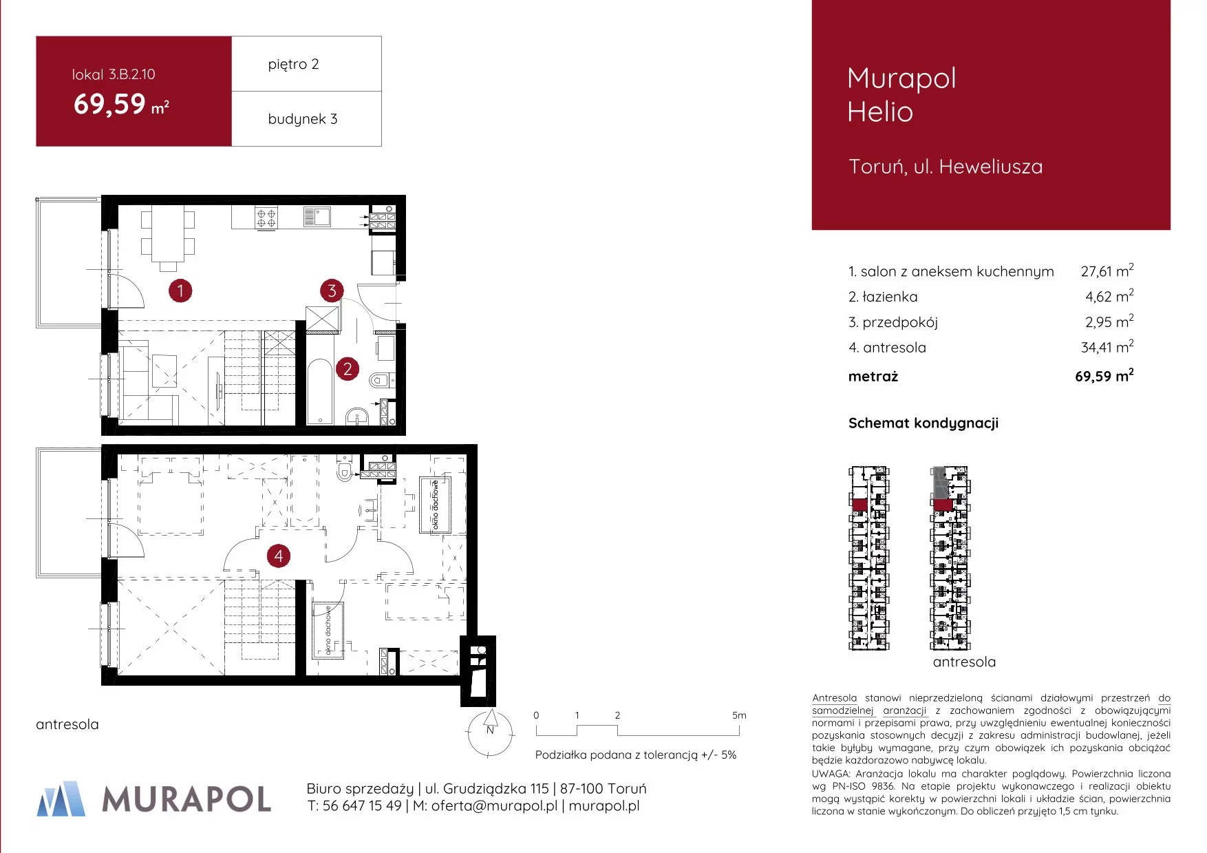1 pokój, mieszkanie 69,59 m², piętro 2, oferta nr 3.B.2.10, Murapol Helio, Toruń, Wrzosy, JAR, ul. Heweliusza