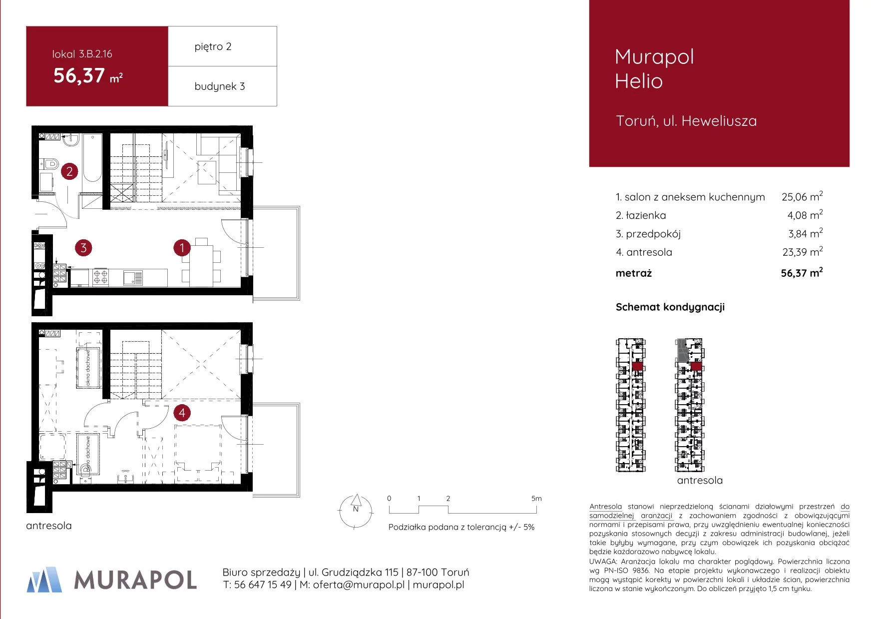 1 pokój, mieszkanie 56,37 m², piętro 2, oferta nr 3.B.2.16, Murapol Helio, Toruń, Wrzosy, JAR, ul. Heweliusza