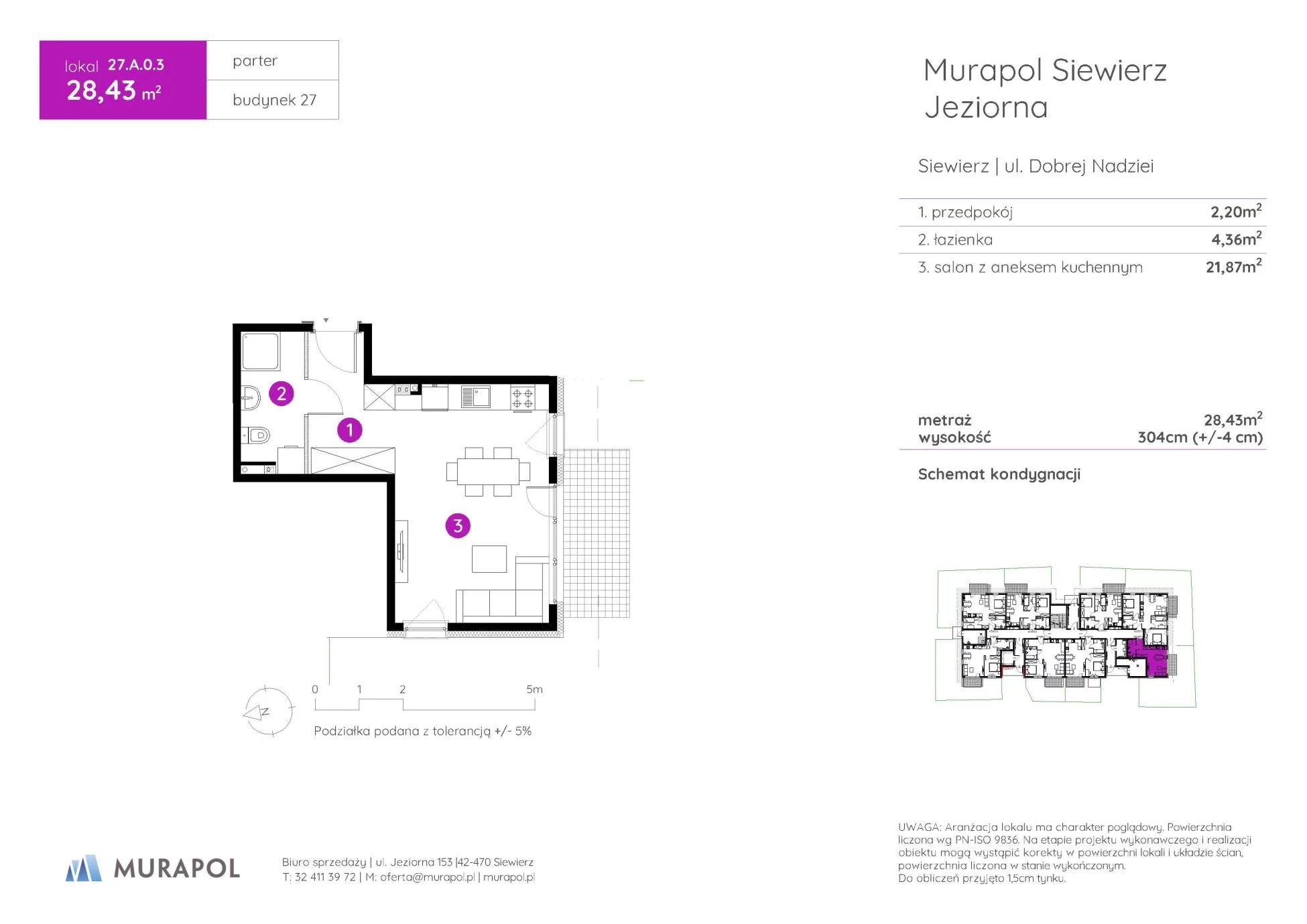 1 pokój, mieszkanie 28,43 m², parter, oferta nr 27.A.0.3, Murapol Siewierz Jeziorna - Gotowe mieszkania, Siewierz, ul. Jeziorna 153