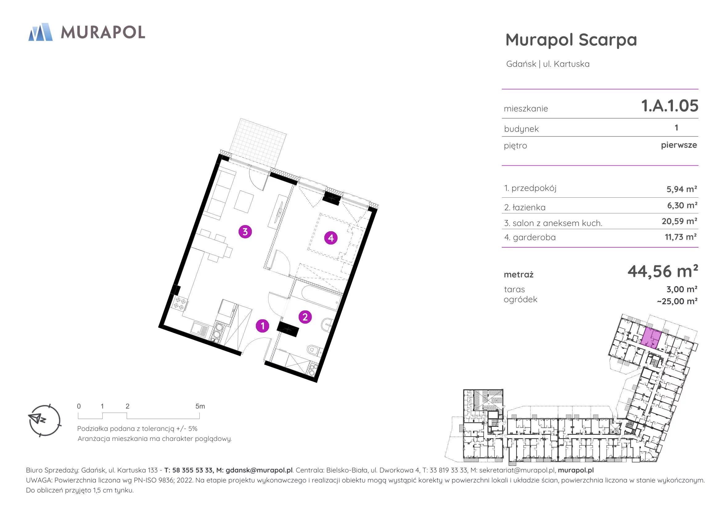 Mieszkanie 44,56 m², piętro 1, oferta nr 1.A.1.05, Murapol Scarpa, Gdańsk, Siedlce, ul. Kartuska