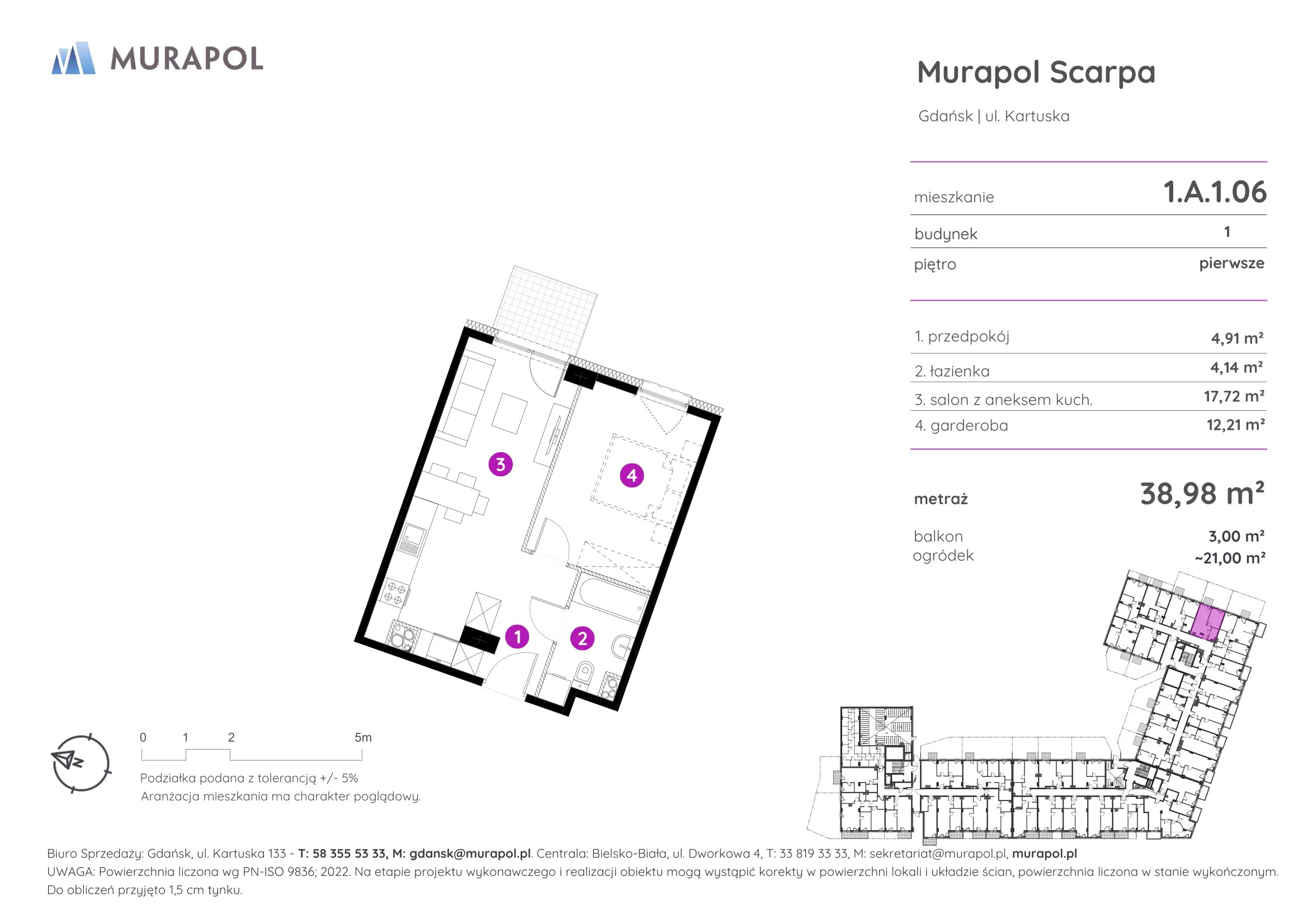 Mieszkanie 38,98 m², piętro 1, oferta nr 1.A.1.06, Murapol Scarpa, Gdańsk, Siedlce, ul. Kartuska