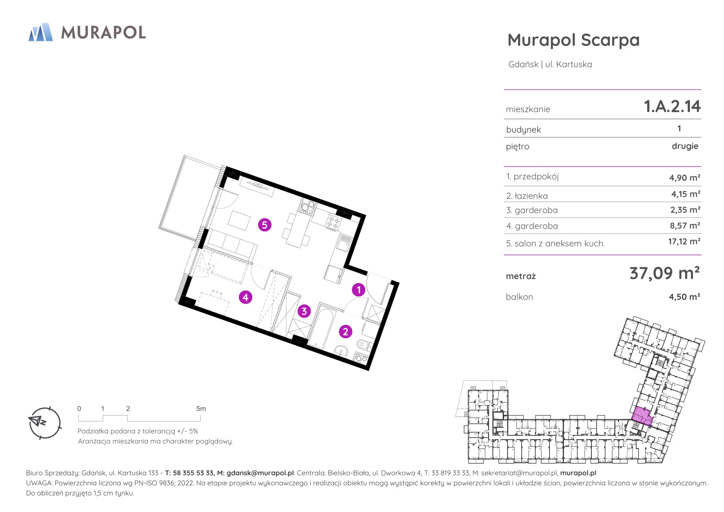 Mieszkanie 37,09 m², piętro 2, oferta nr 1.A.2.14, Murapol Scarpa, Gdańsk, Siedlce, ul. Kartuska