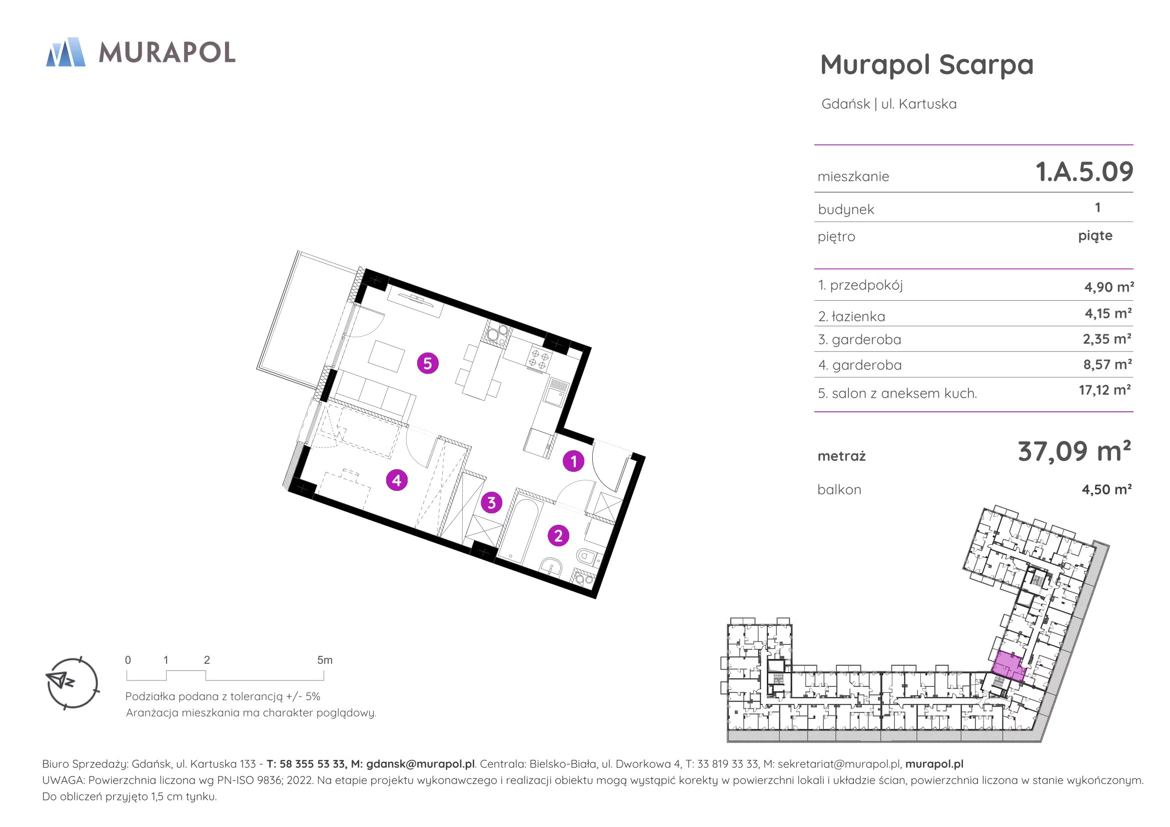 Mieszkanie 37,09 m², piętro 5, oferta nr 1.A.5.09, Murapol Scarpa, Gdańsk, Siedlce, ul. Kartuska