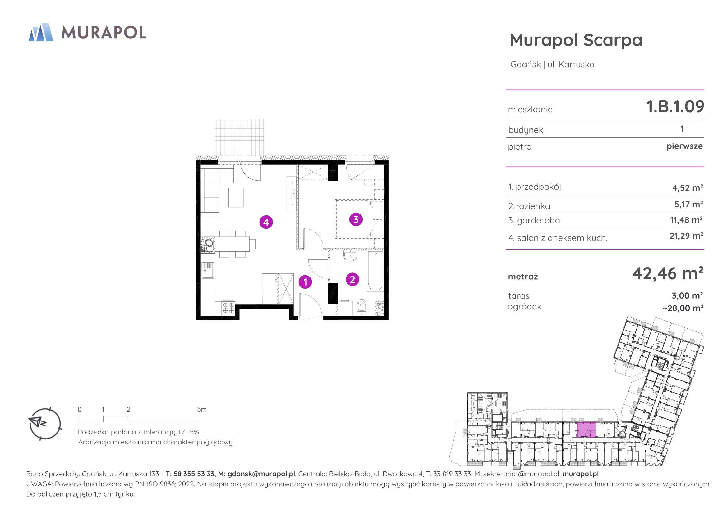 Mieszkanie 42,46 m², piętro 1, oferta nr 1.B.1.09, Murapol Scarpa, Gdańsk, Siedlce, ul. Kartuska