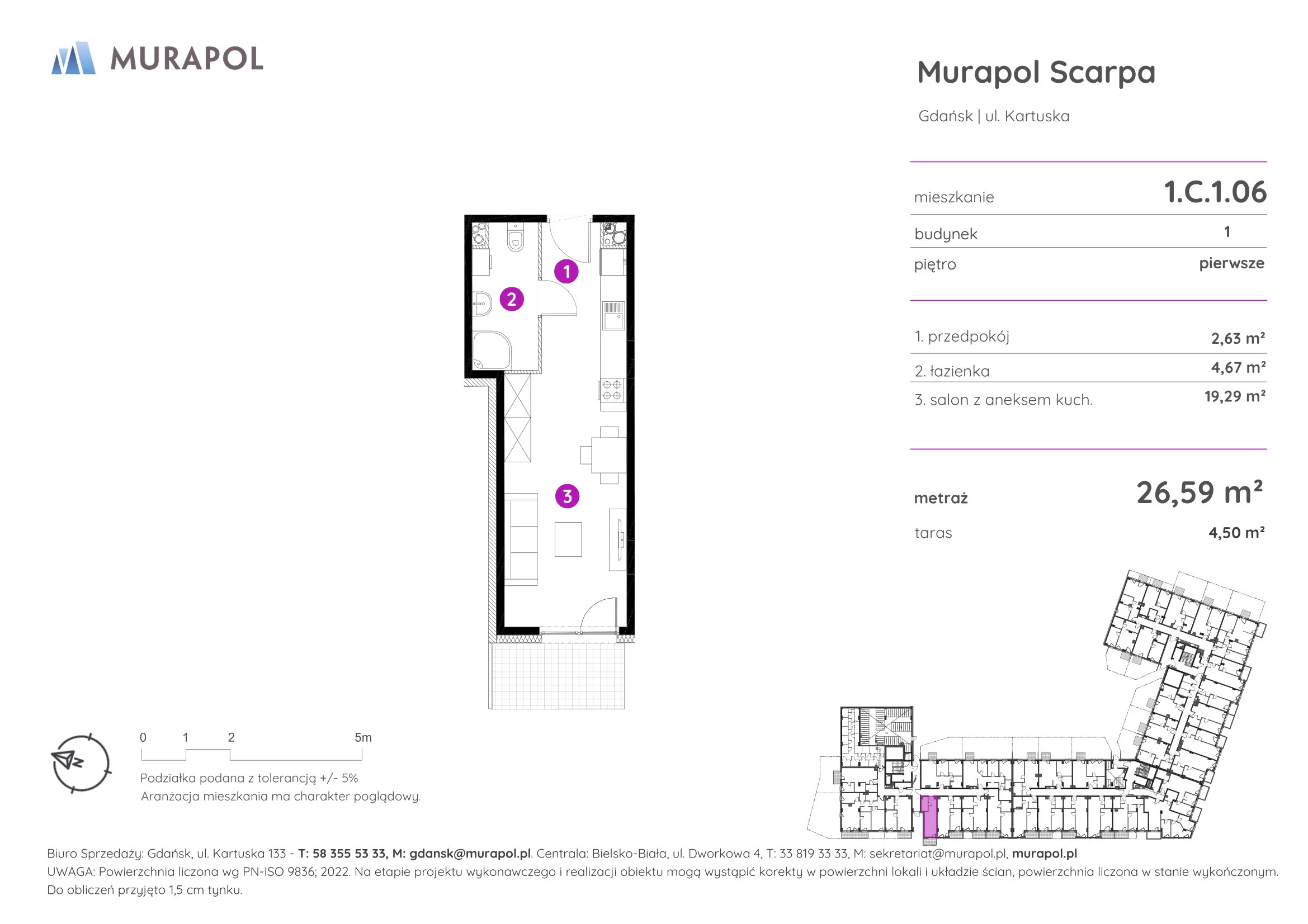 Mieszkanie 26,59 m², piętro 1, oferta nr 1.C.1.06, Murapol Scarpa, Gdańsk, Siedlce, ul. Kartuska