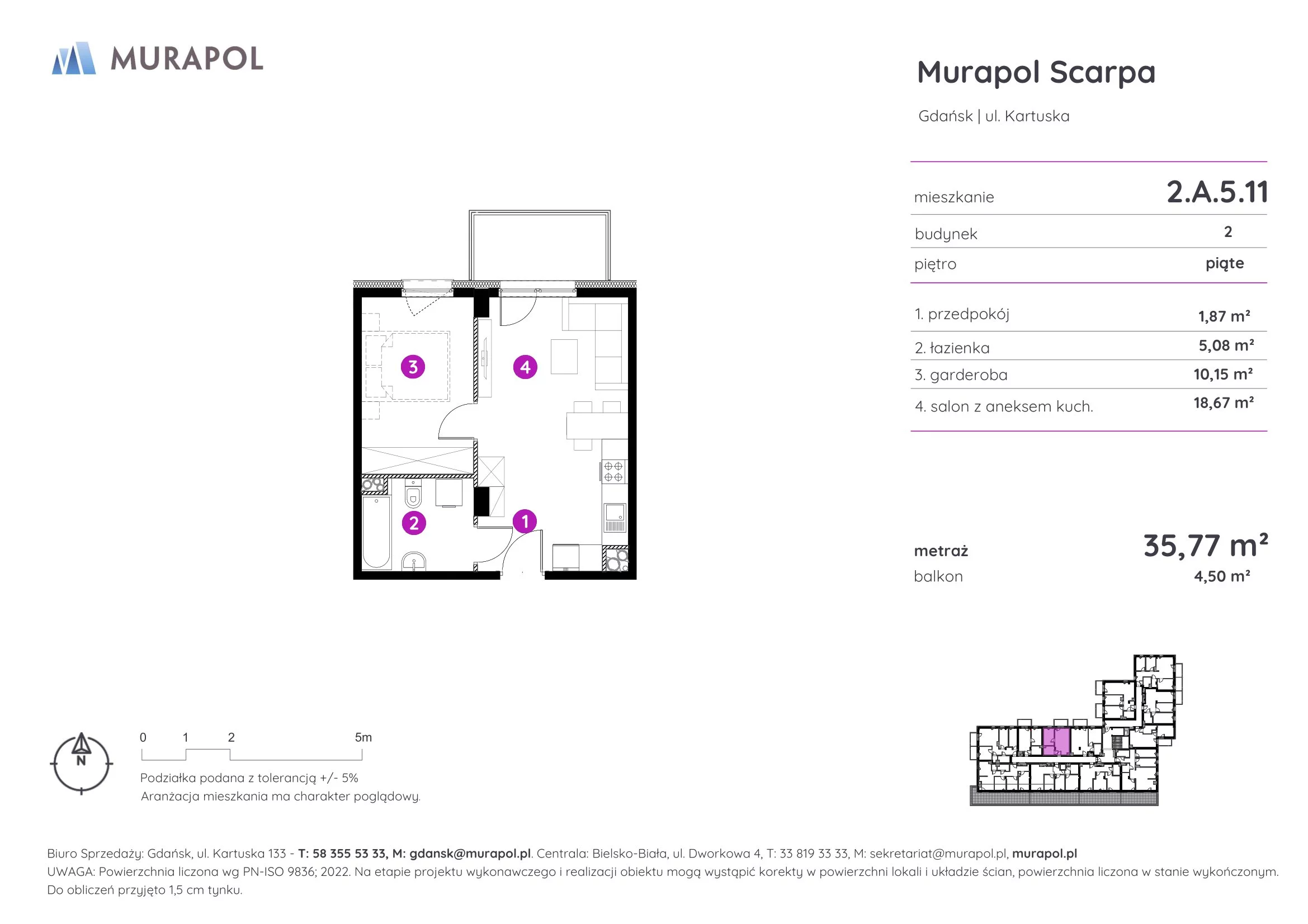 Mieszkanie 35,77 m², piętro 5, oferta nr 2.A.5.11, Murapol Scarpa, Gdańsk, Siedlce, ul. Kartuska