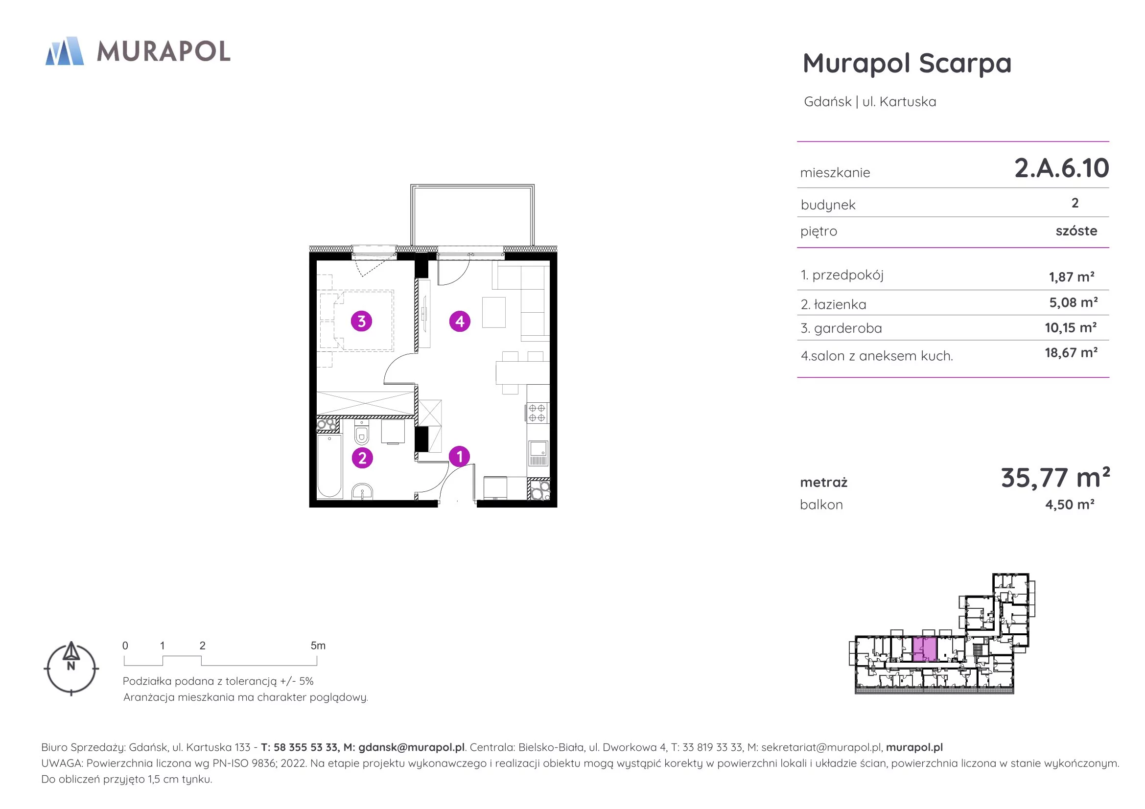 Mieszkanie 35,77 m², piętro 6, oferta nr 2.A.6.10, Murapol Scarpa, Gdańsk, Siedlce, ul. Kartuska