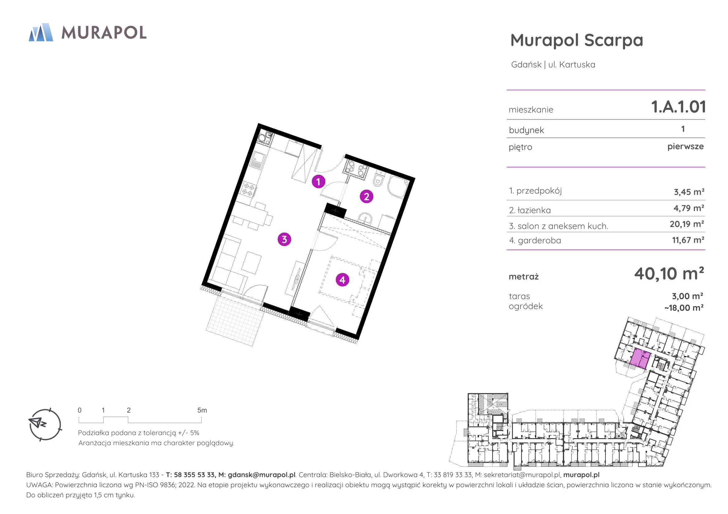 1 pokój, mieszkanie 40,10 m², piętro 1, oferta nr 1.A.1.01, Murapol Scarpa, Gdańsk, Siedlce, ul. Kartuska
