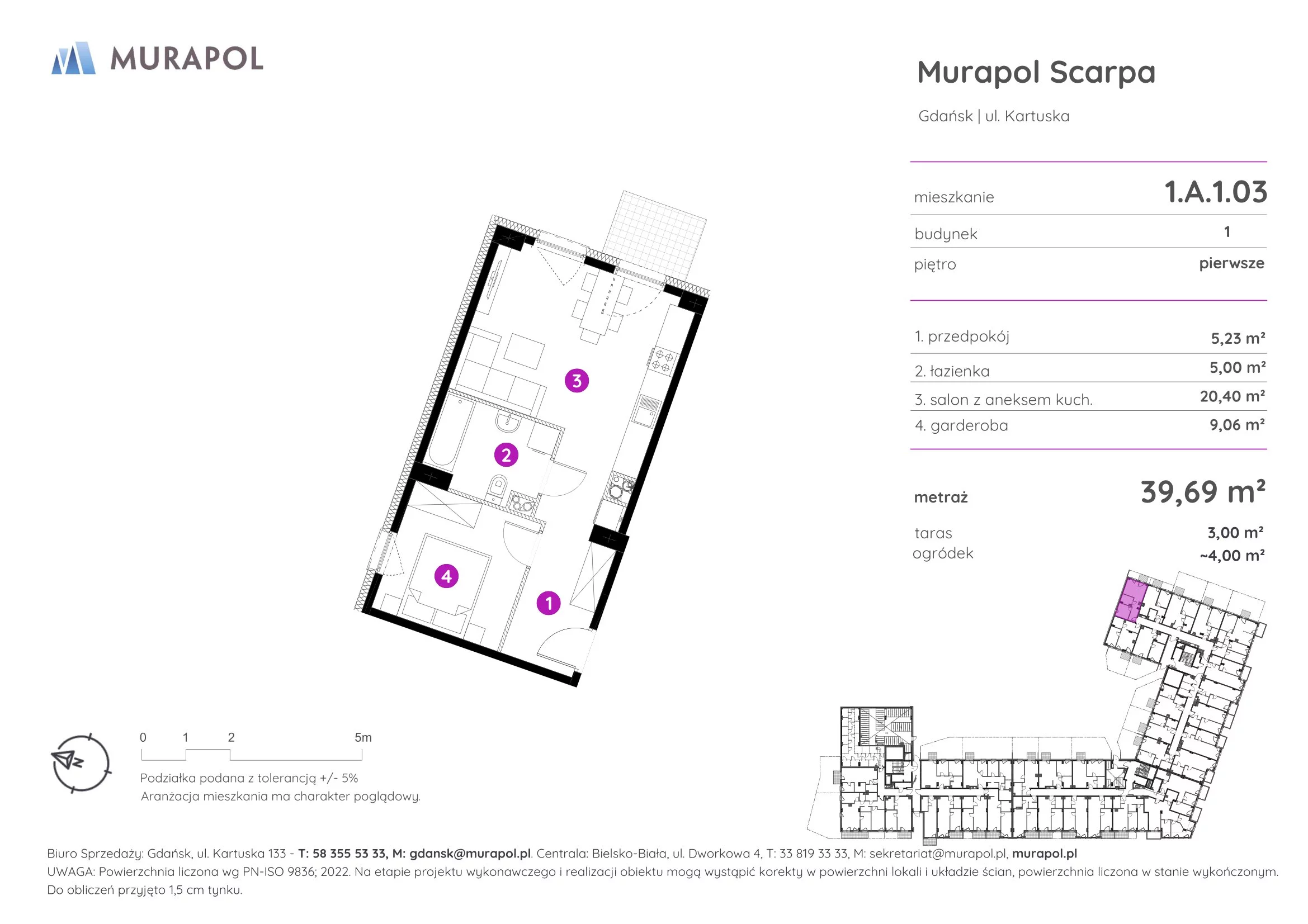 1 pokój, mieszkanie 39,69 m², piętro 1, oferta nr 1.A.1.03, Murapol Scarpa, Gdańsk, Siedlce, ul. Kartuska