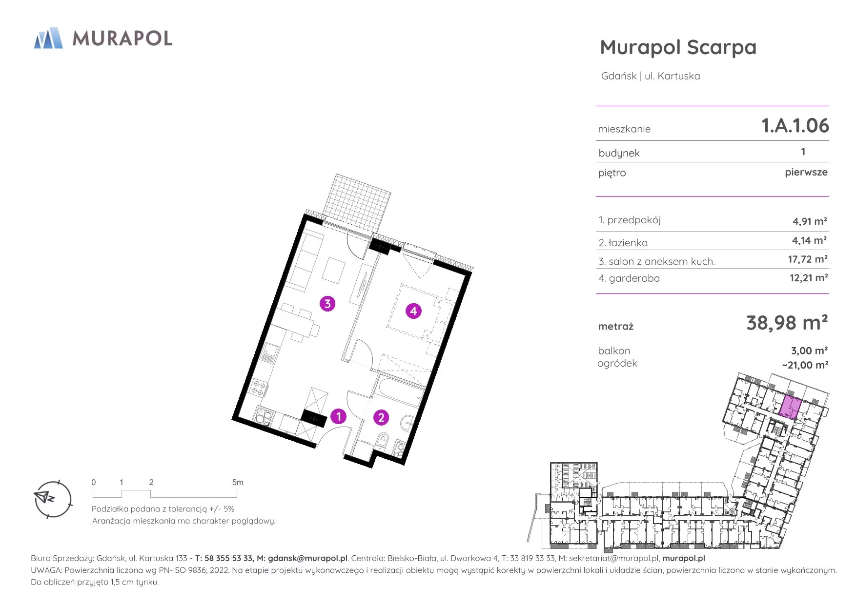 1 pokój, mieszkanie 38,98 m², piętro 1, oferta nr 1.A.1.06, Murapol Scarpa, Gdańsk, Siedlce, ul. Kartuska