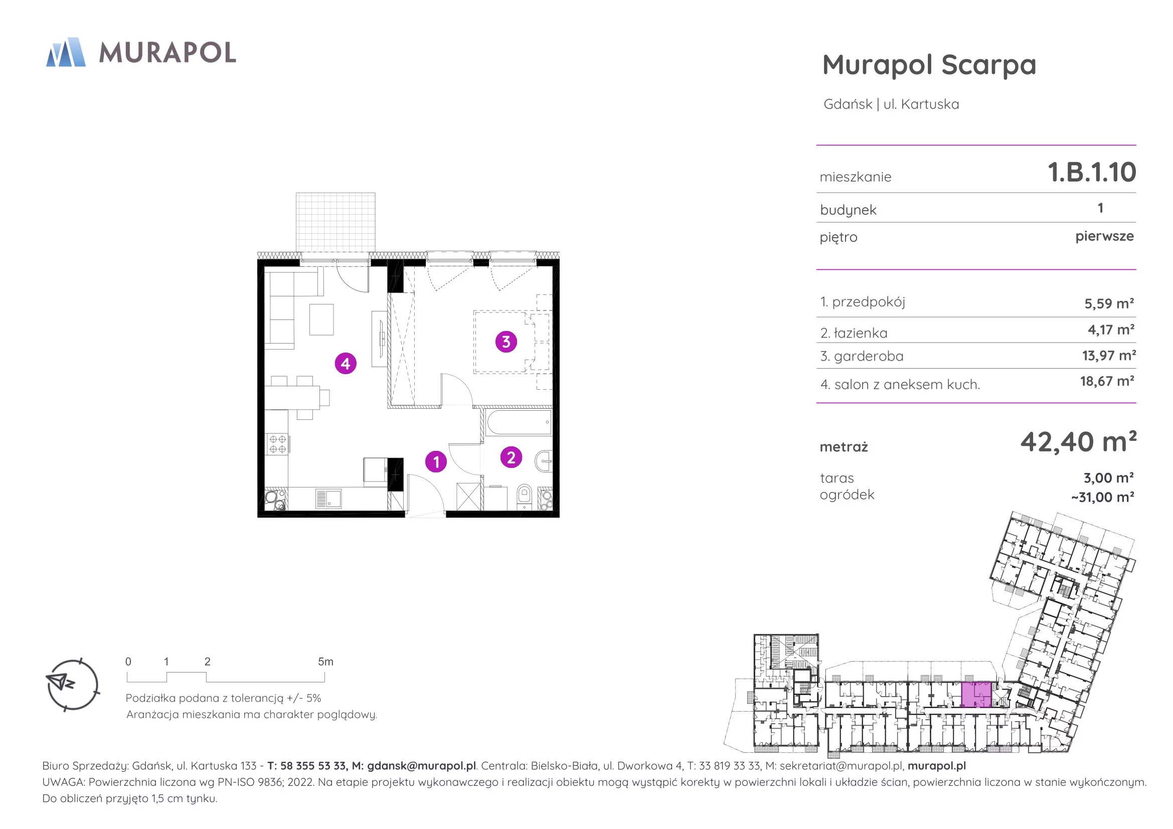 1 pokój, mieszkanie 42,40 m², piętro 1, oferta nr 1.B.1.10, Murapol Scarpa, Gdańsk, Siedlce, ul. Kartuska