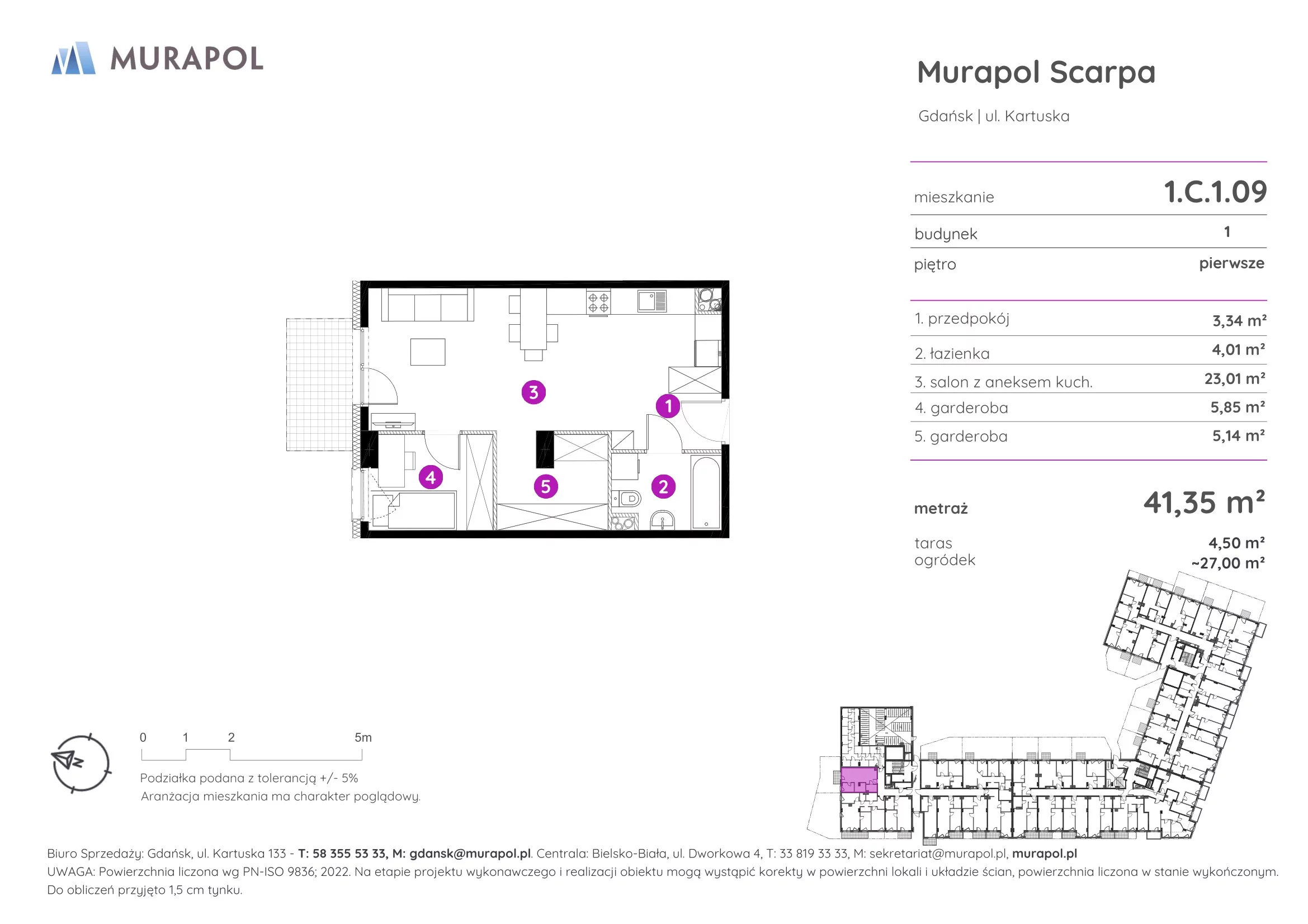 1 pokój, mieszkanie 41,35 m², piętro 1, oferta nr 1.C.1.09, Murapol Scarpa, Gdańsk, Siedlce, ul. Kartuska