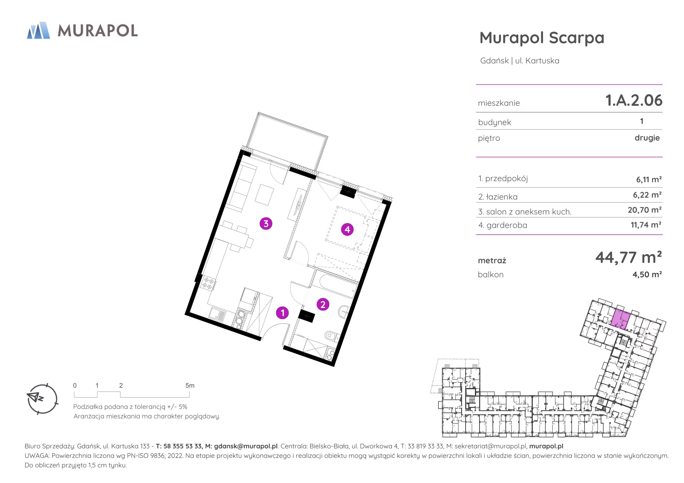 1 pokój, mieszkanie 44,77 m², piętro 2, oferta nr 1.A.2.06, Murapol Scarpa, Gdańsk, Siedlce, ul. Kartuska
