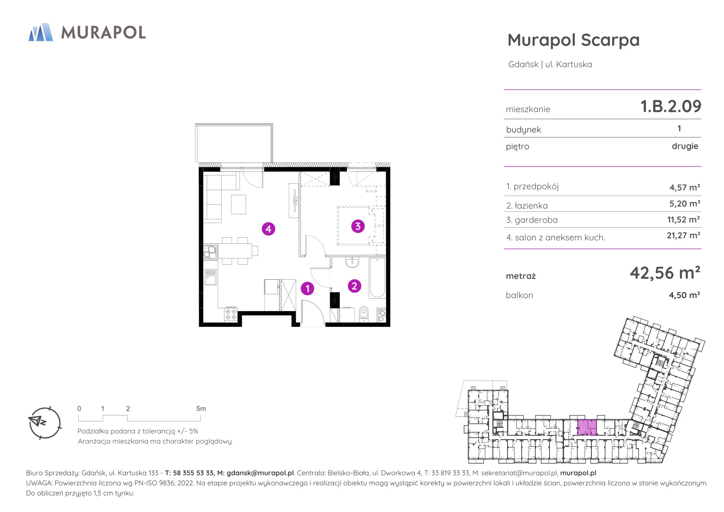 1 pokój, mieszkanie 42,56 m², piętro 2, oferta nr 1.B.2.09, Murapol Scarpa, Gdańsk, Siedlce, ul. Kartuska