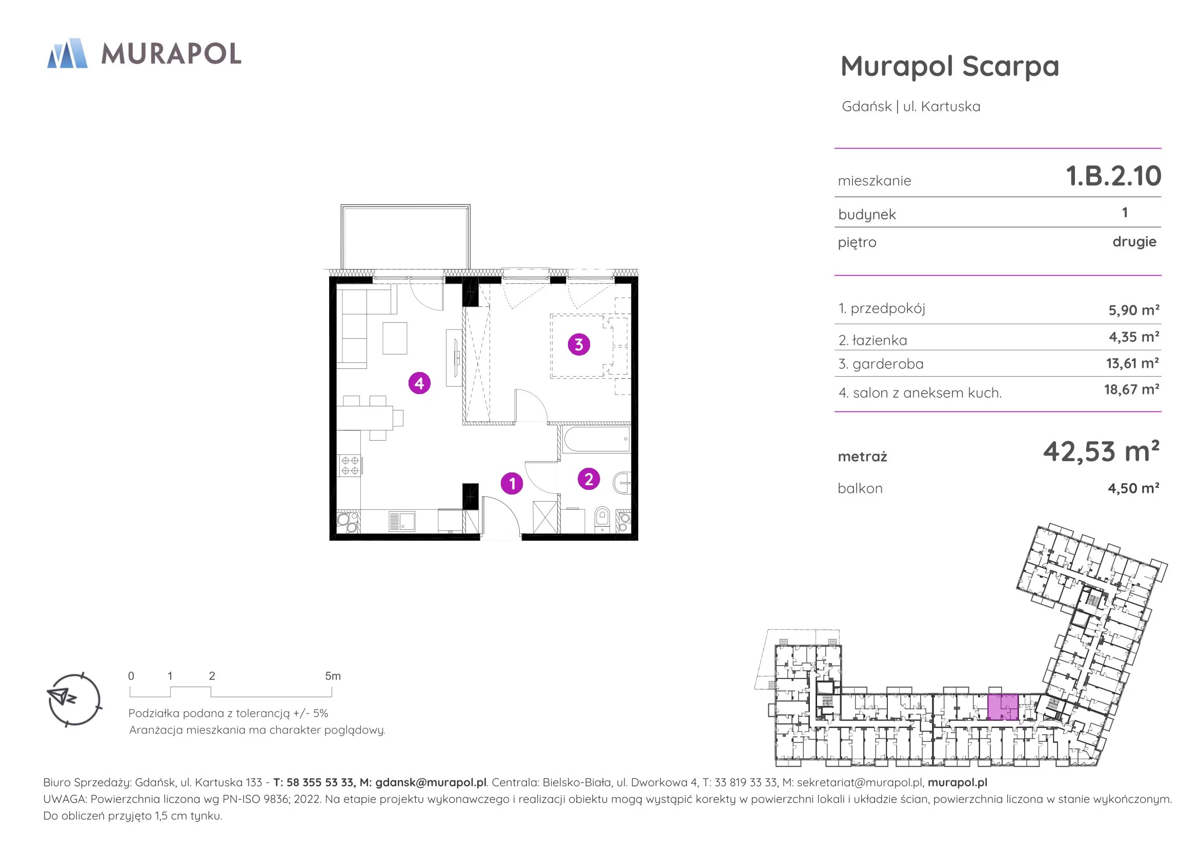 1 pokój, mieszkanie 42,53 m², piętro 2, oferta nr 1.B.2.10, Murapol Scarpa, Gdańsk, Siedlce, ul. Kartuska