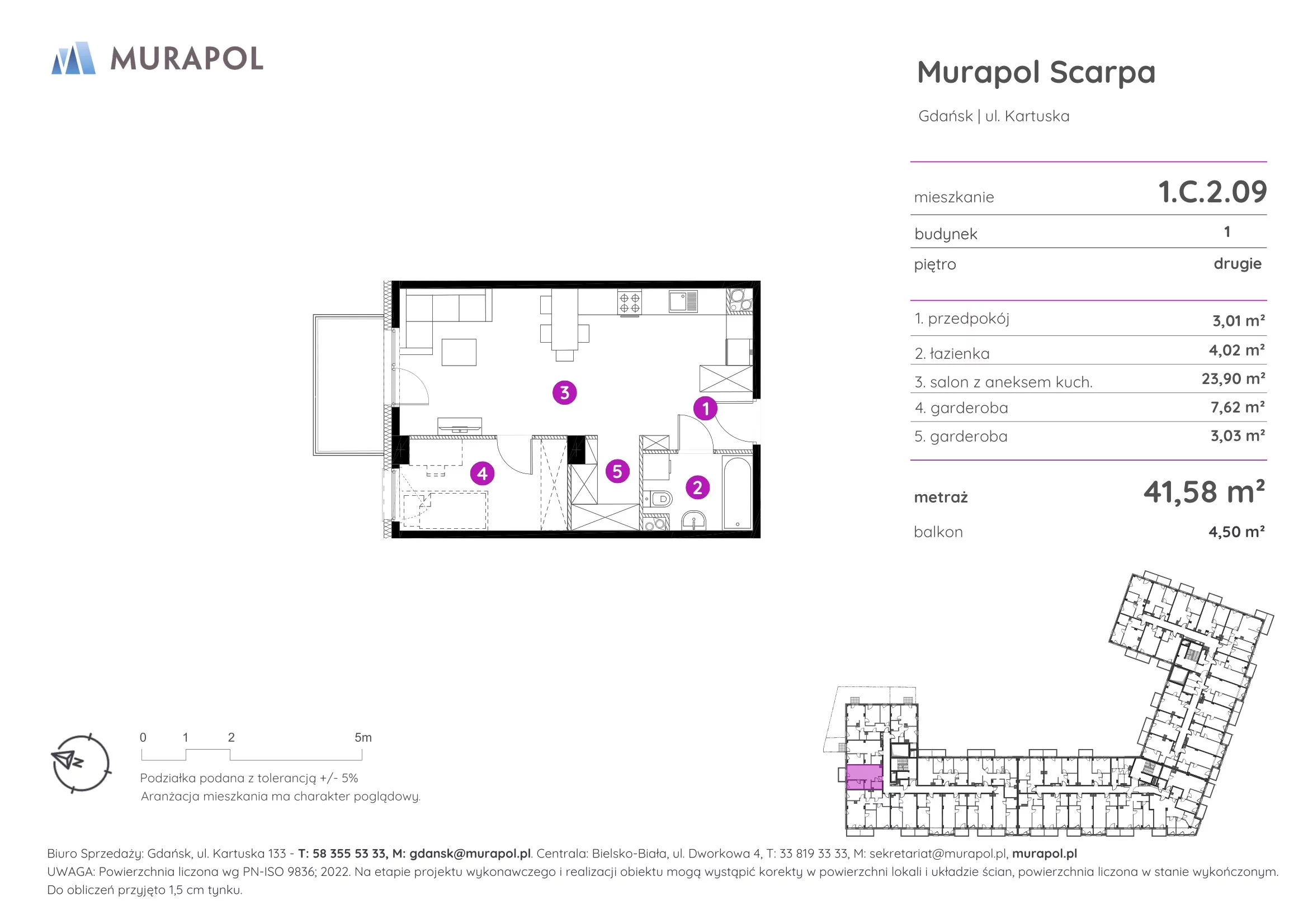 1 pokój, mieszkanie 41,58 m², piętro 2, oferta nr 1.C.2.09, Murapol Scarpa, Gdańsk, Siedlce, ul. Kartuska
