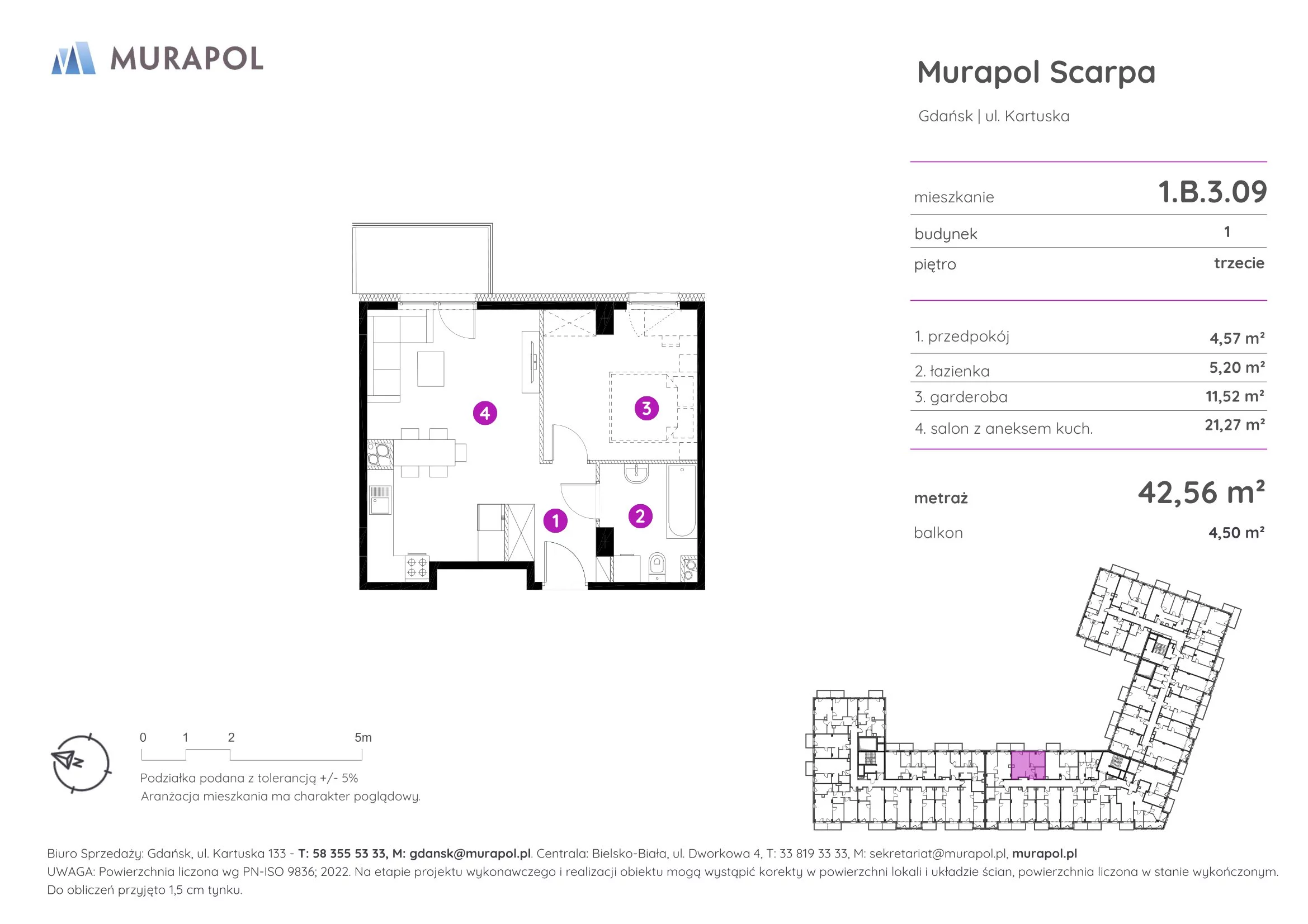 1 pokój, mieszkanie 42,56 m², piętro 3, oferta nr 1.B.3.09, Murapol Scarpa, Gdańsk, Siedlce, ul. Kartuska