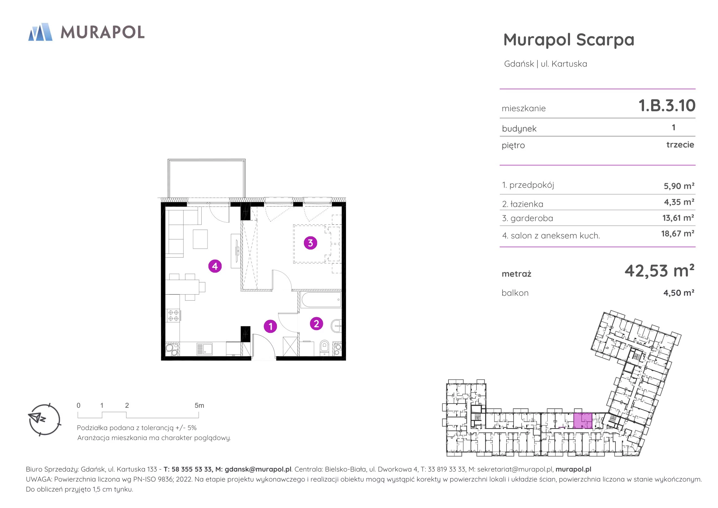 1 pokój, mieszkanie 42,53 m², piętro 3, oferta nr 1.B.3.10, Murapol Scarpa, Gdańsk, Siedlce, ul. Kartuska