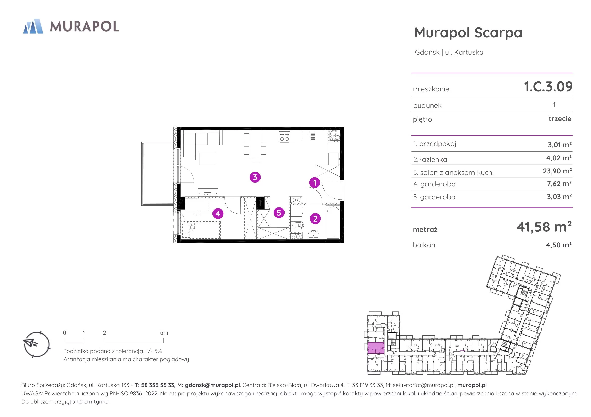 1 pokój, mieszkanie 41,58 m², piętro 3, oferta nr 1.C.3.09, Murapol Scarpa, Gdańsk, Siedlce, ul. Kartuska
