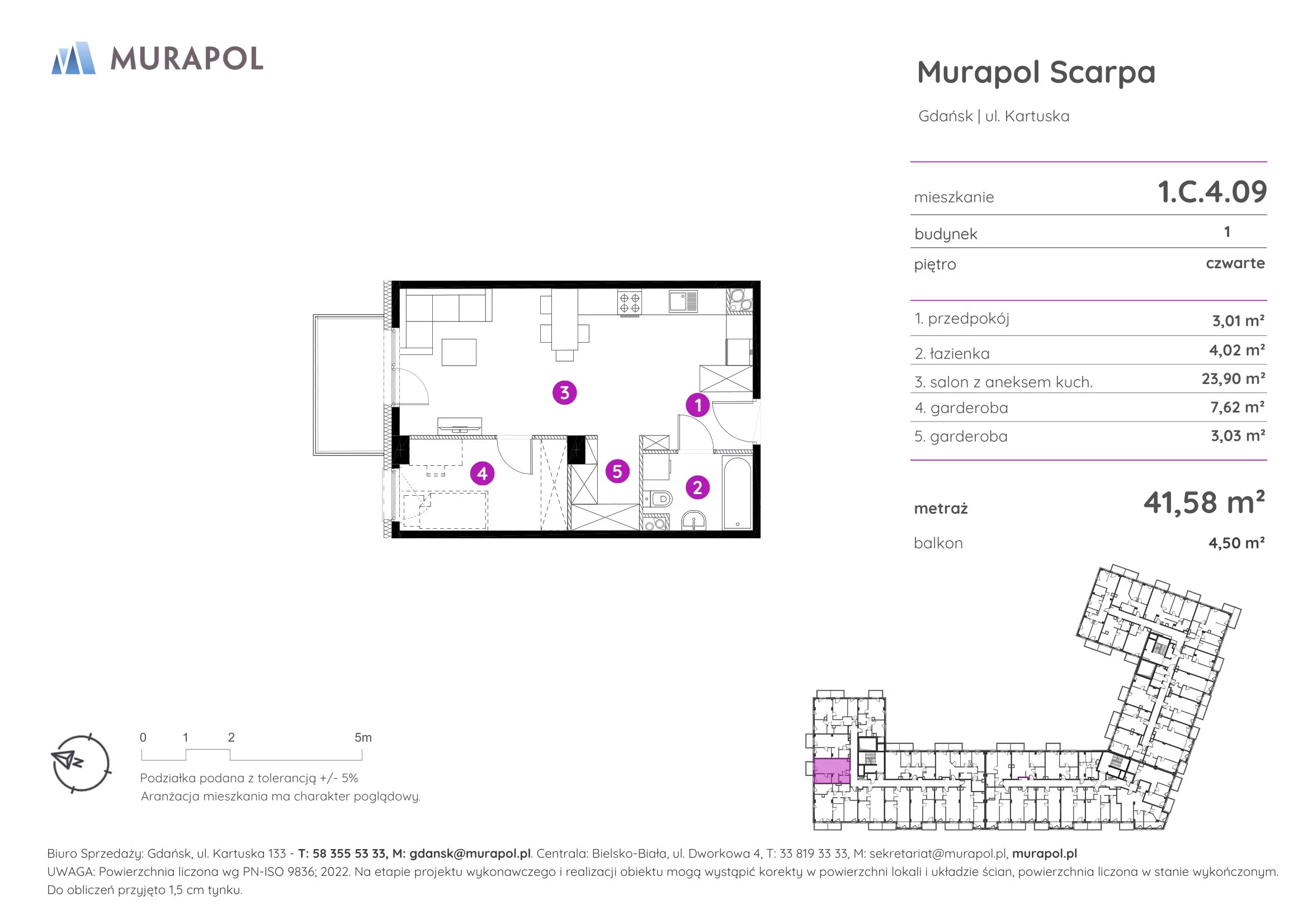 1 pokój, mieszkanie 41,58 m², piętro 4, oferta nr 1.C.4.09, Murapol Scarpa, Gdańsk, Siedlce, ul. Kartuska