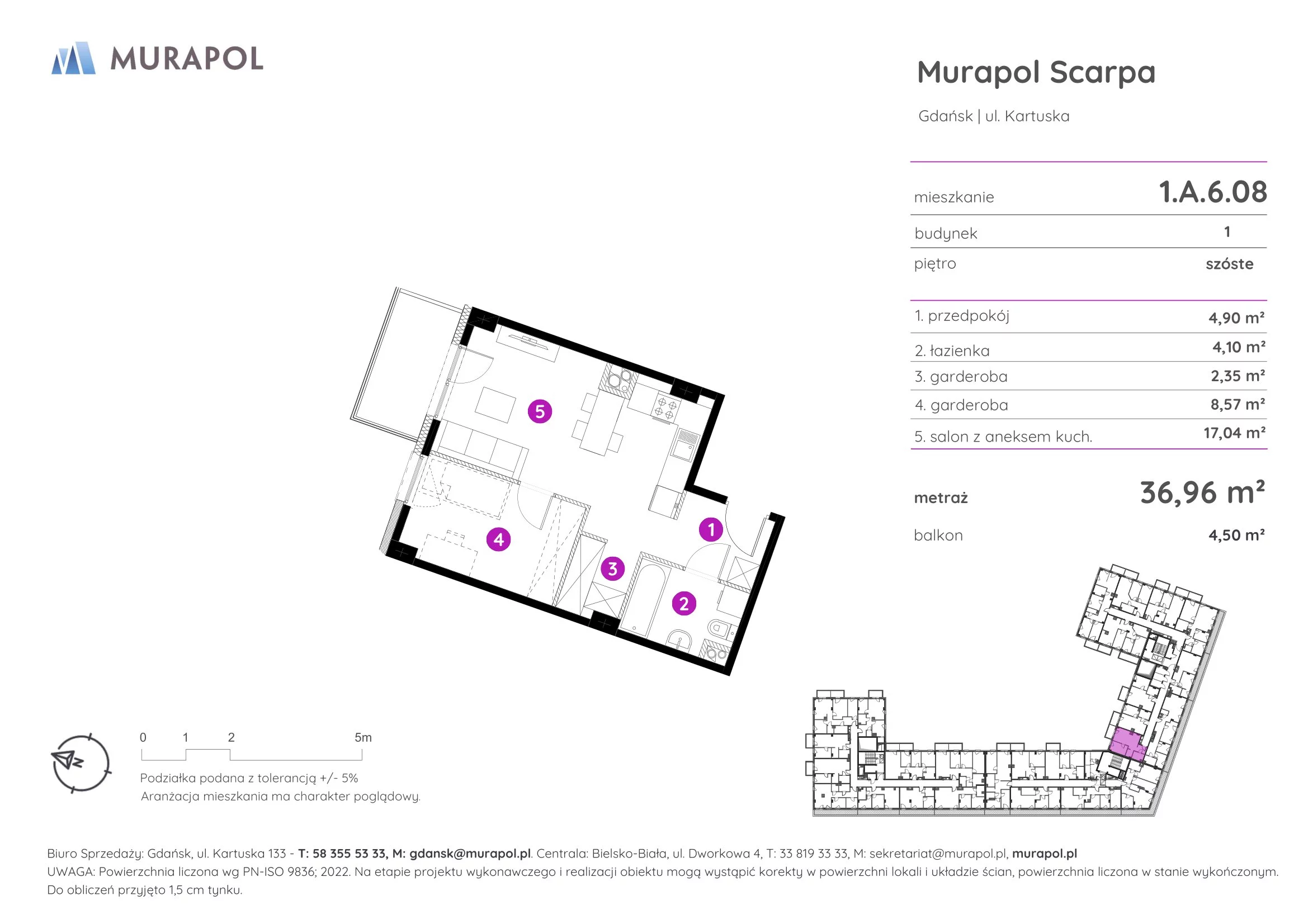 1 pokój, mieszkanie 36,96 m², piętro 6, oferta nr 1.A.6.08, Murapol Scarpa, Gdańsk, Siedlce, ul. Kartuska