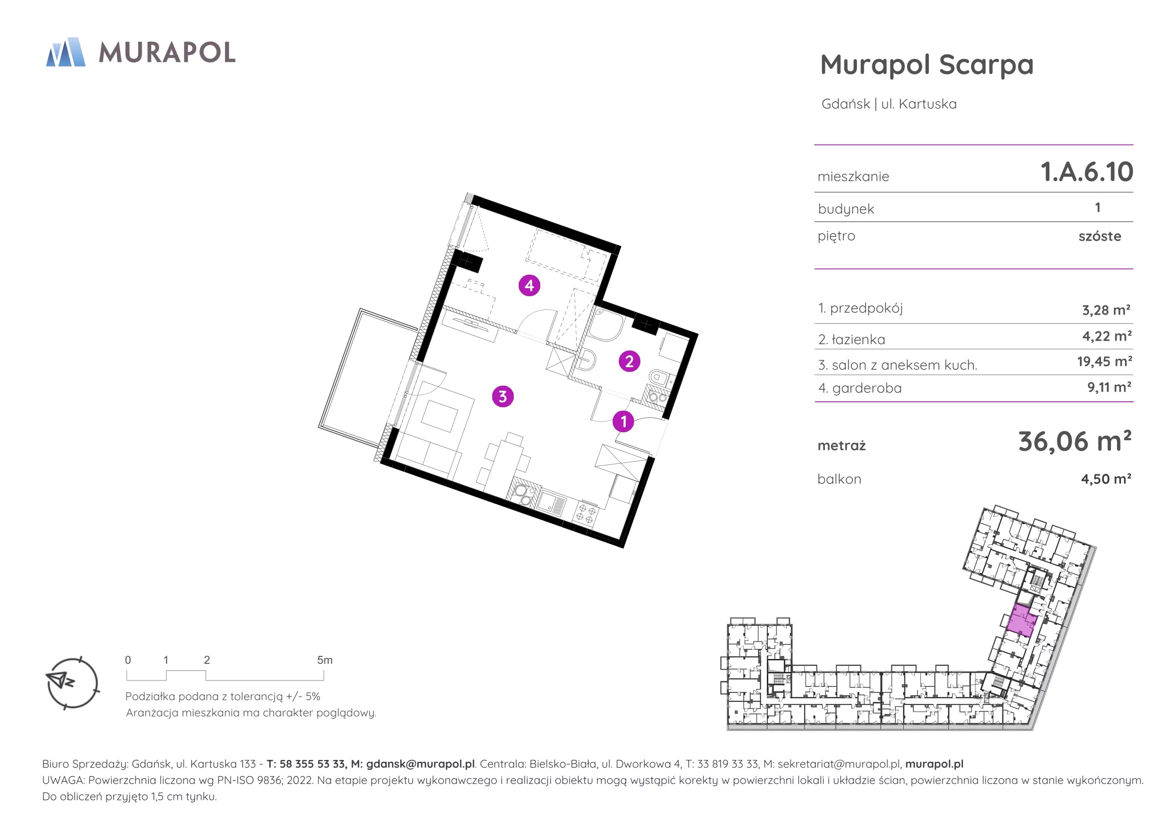 1 pokój, mieszkanie 36,06 m², piętro 6, oferta nr 1.A.6.10, Murapol Scarpa, Gdańsk, Siedlce, ul. Kartuska