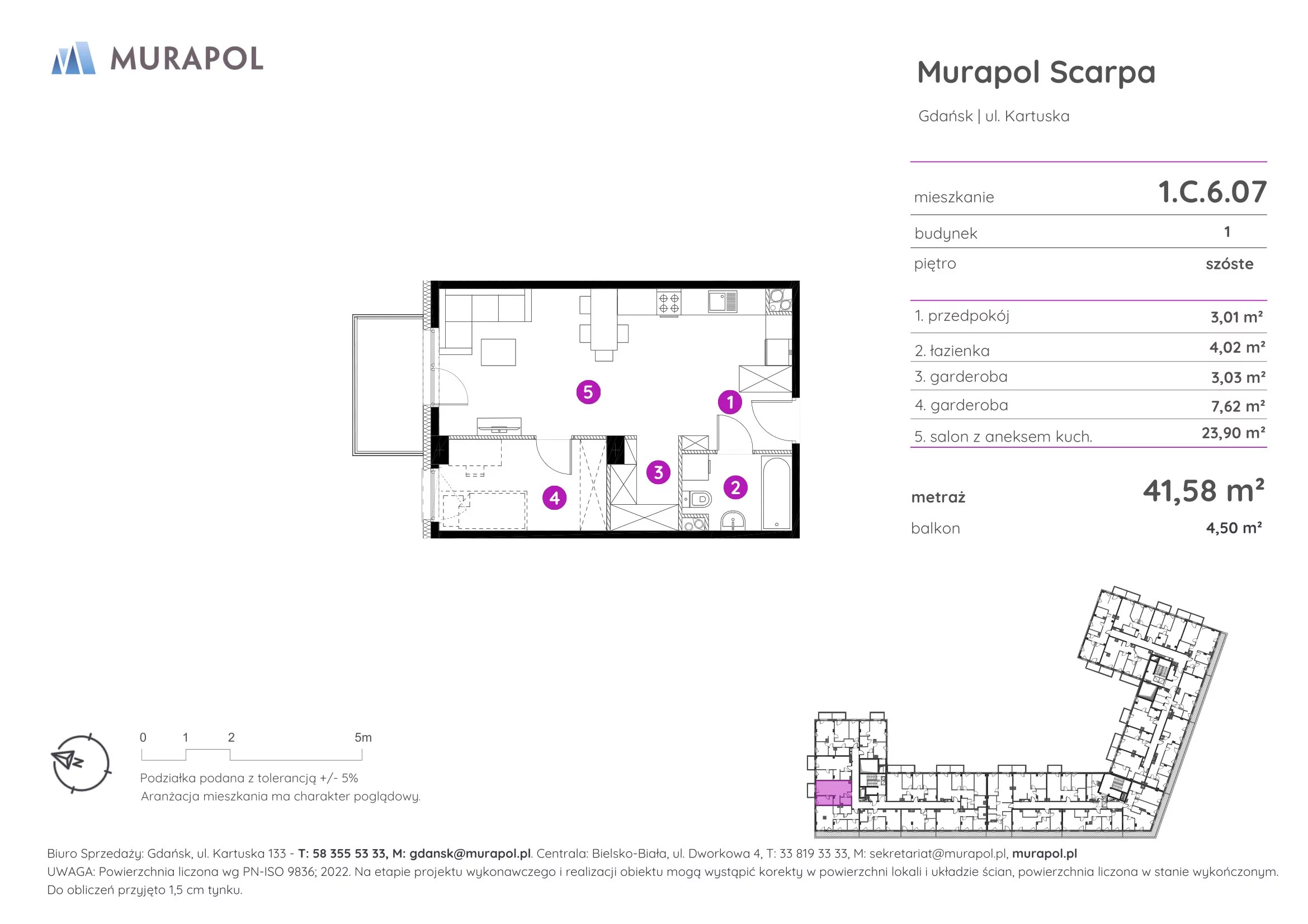 1 pokój, mieszkanie 41,58 m², piętro 6, oferta nr 1.C.6.07, Murapol Scarpa, Gdańsk, Siedlce, ul. Kartuska