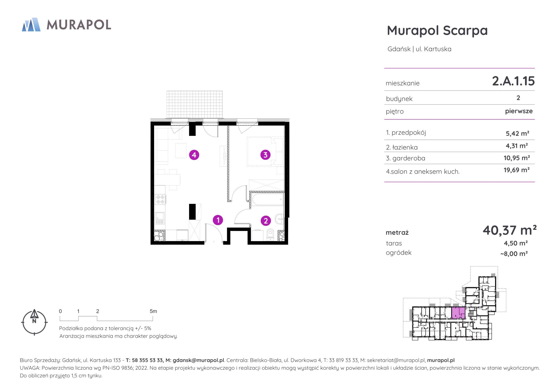 1 pokój, mieszkanie 40,37 m², piętro 1, oferta nr 2.A.1.15, Murapol Scarpa, Gdańsk, Siedlce, ul. Kartuska