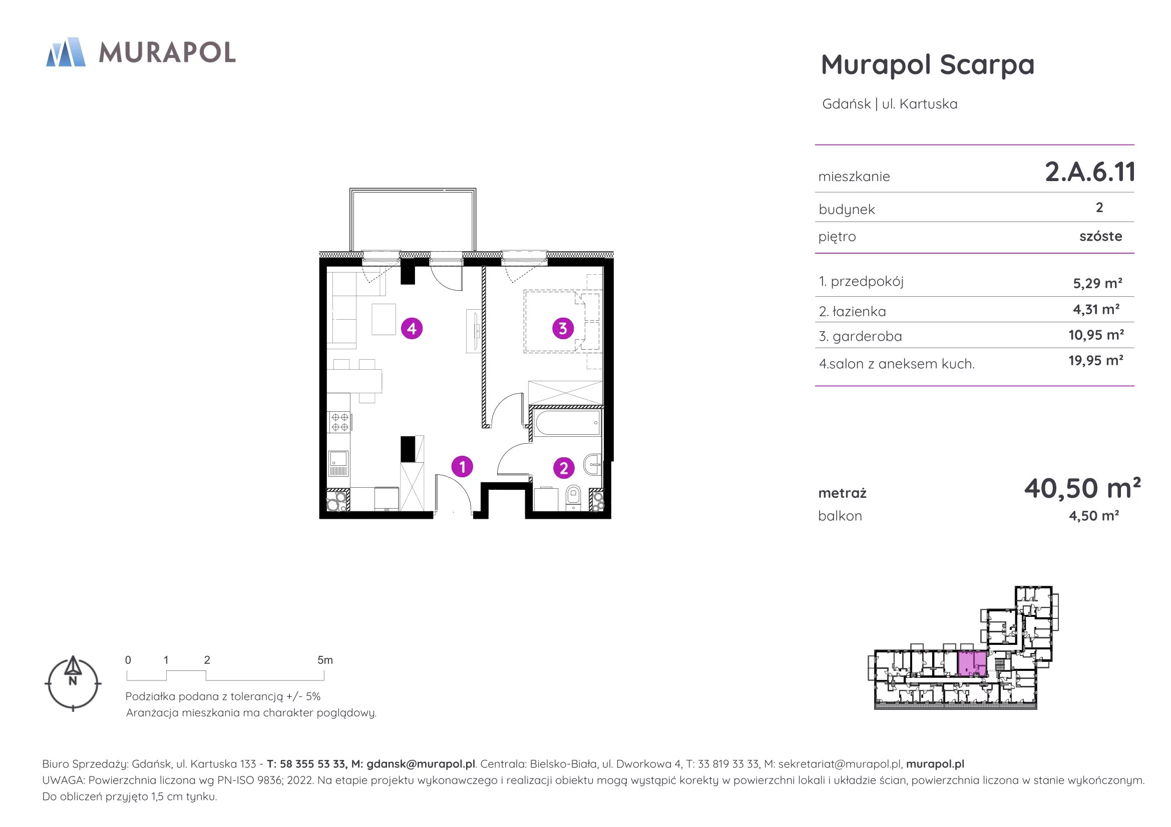 1 pokój, mieszkanie 40,50 m², piętro 6, oferta nr 2.A.6.11, Murapol Scarpa, Gdańsk, Siedlce, ul. Kartuska